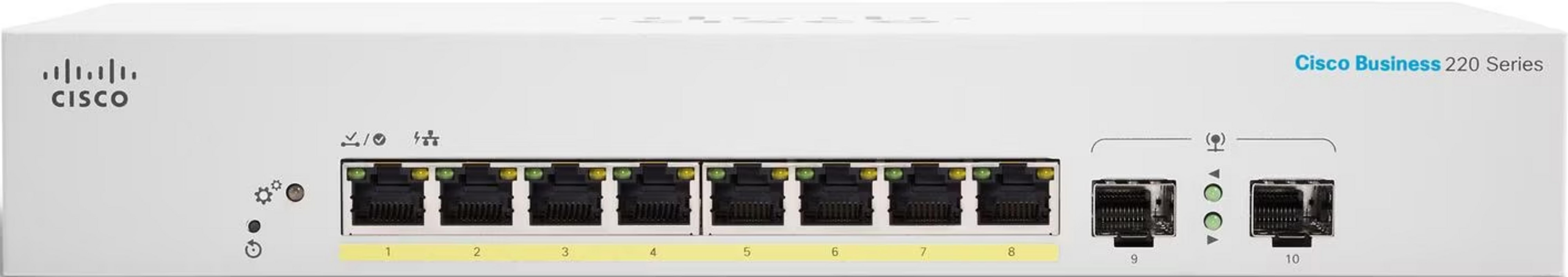 Pannello frontale di uno switch Cisco Business 220 Series bianco con 8 porte Ethernet.