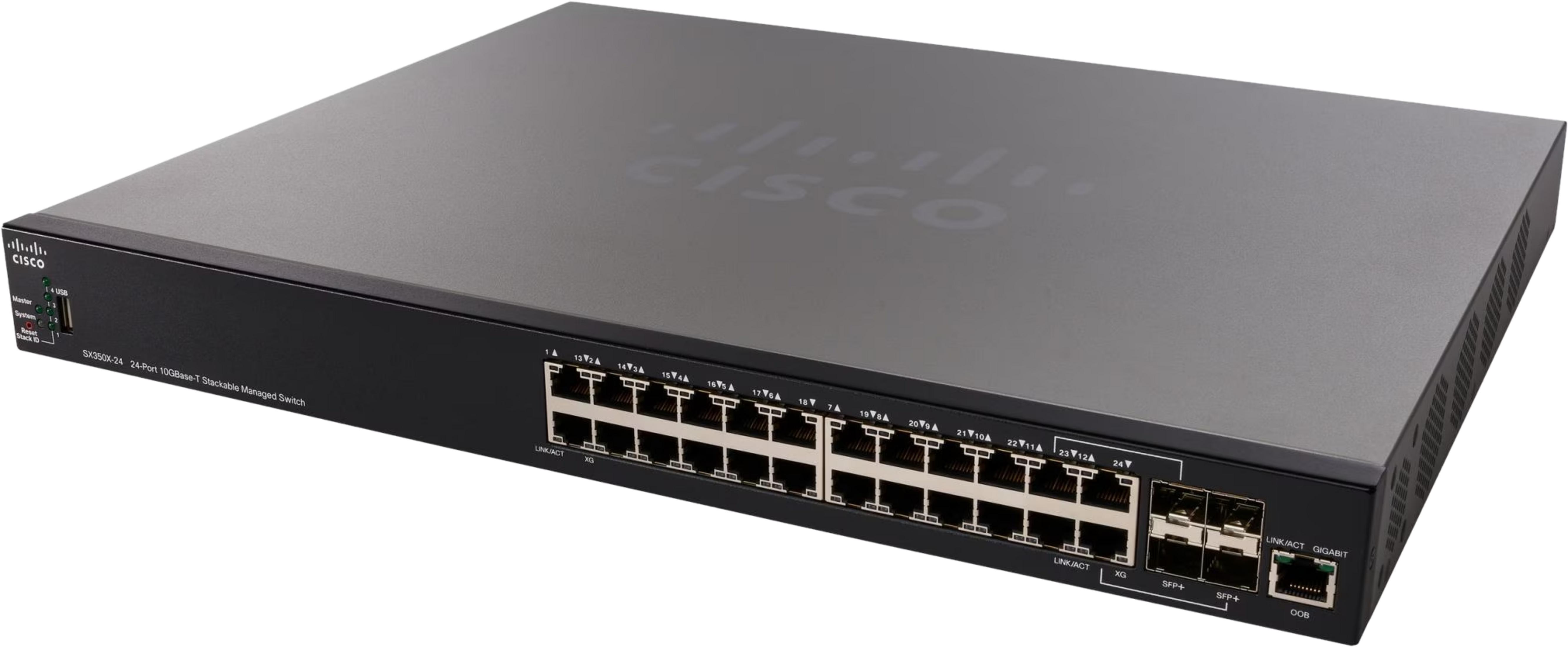Ein schwarzer Cisco Netzwerk-Switch mit 24 Anschlüssen und silbernem Deckel.