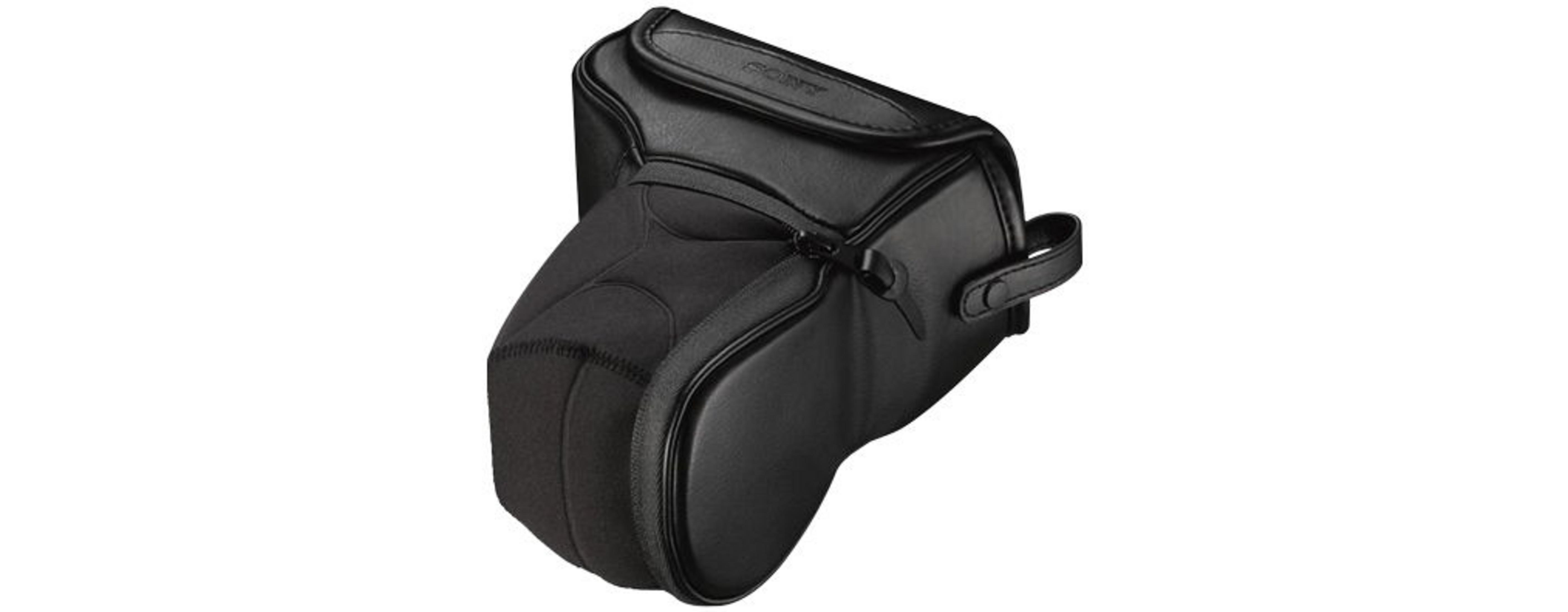 Custodia nera in pelle per fotocamera con cerniera e manico.