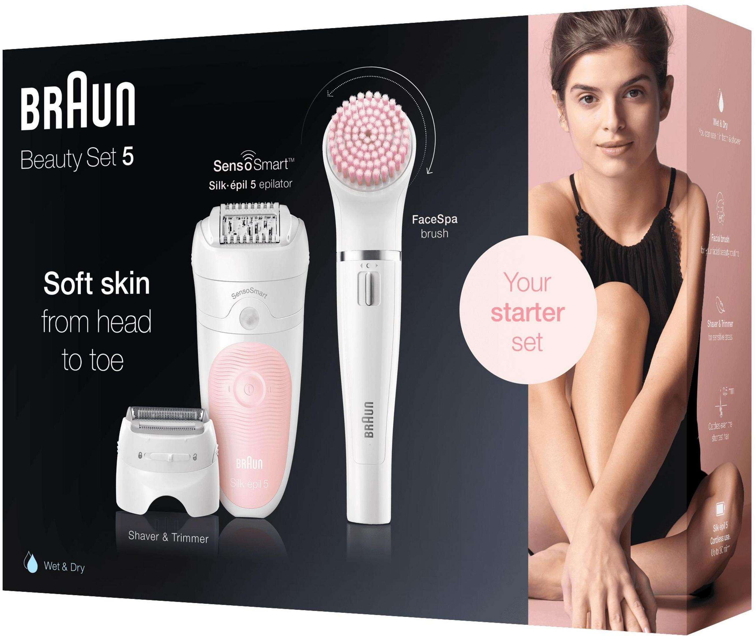Braun Beauty Set 5 mit Epilierer, Rasierer und Gesichtsreinigungsbürste.