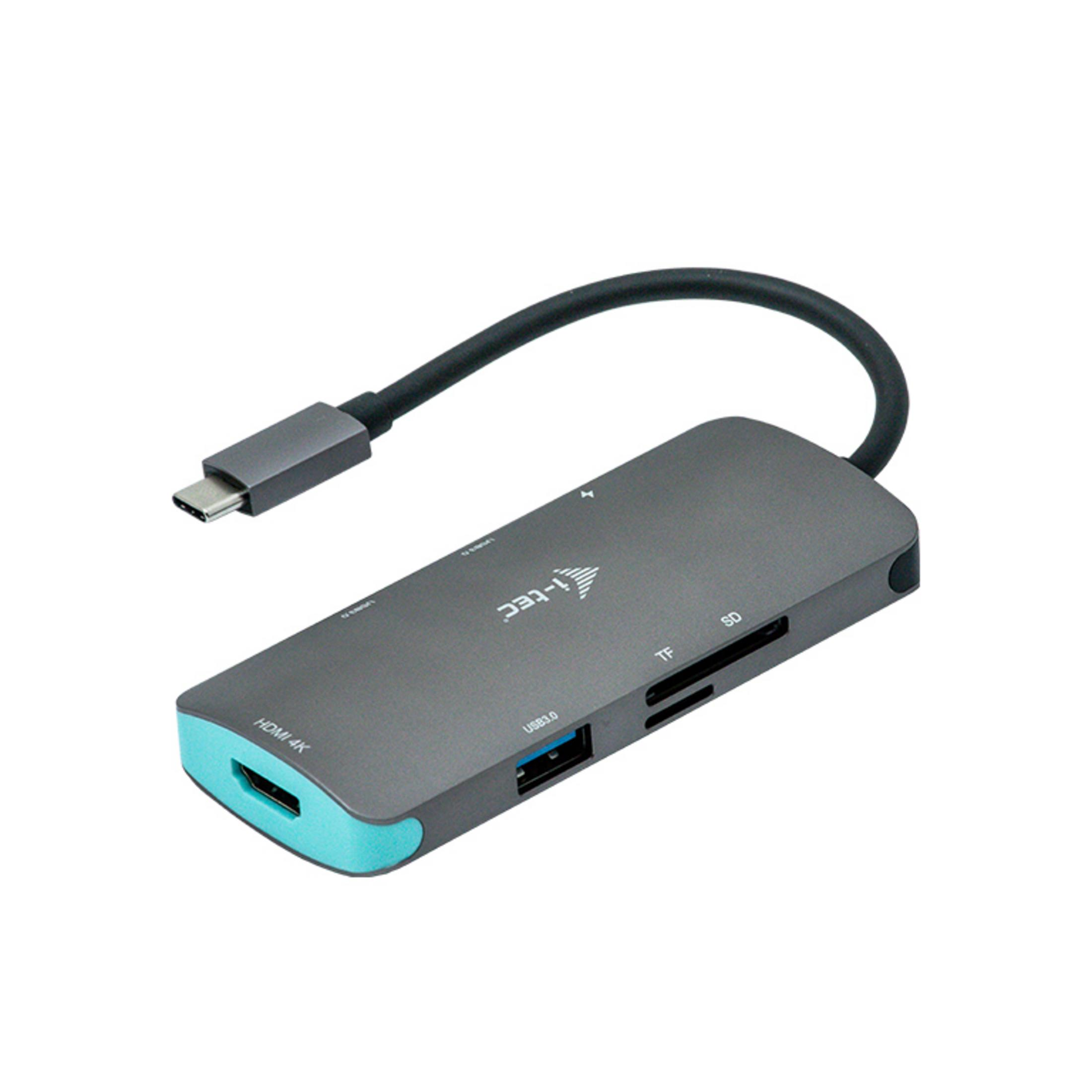 Hub USB-C grigio con HDMI, USB 3.0, slot SD e TF.