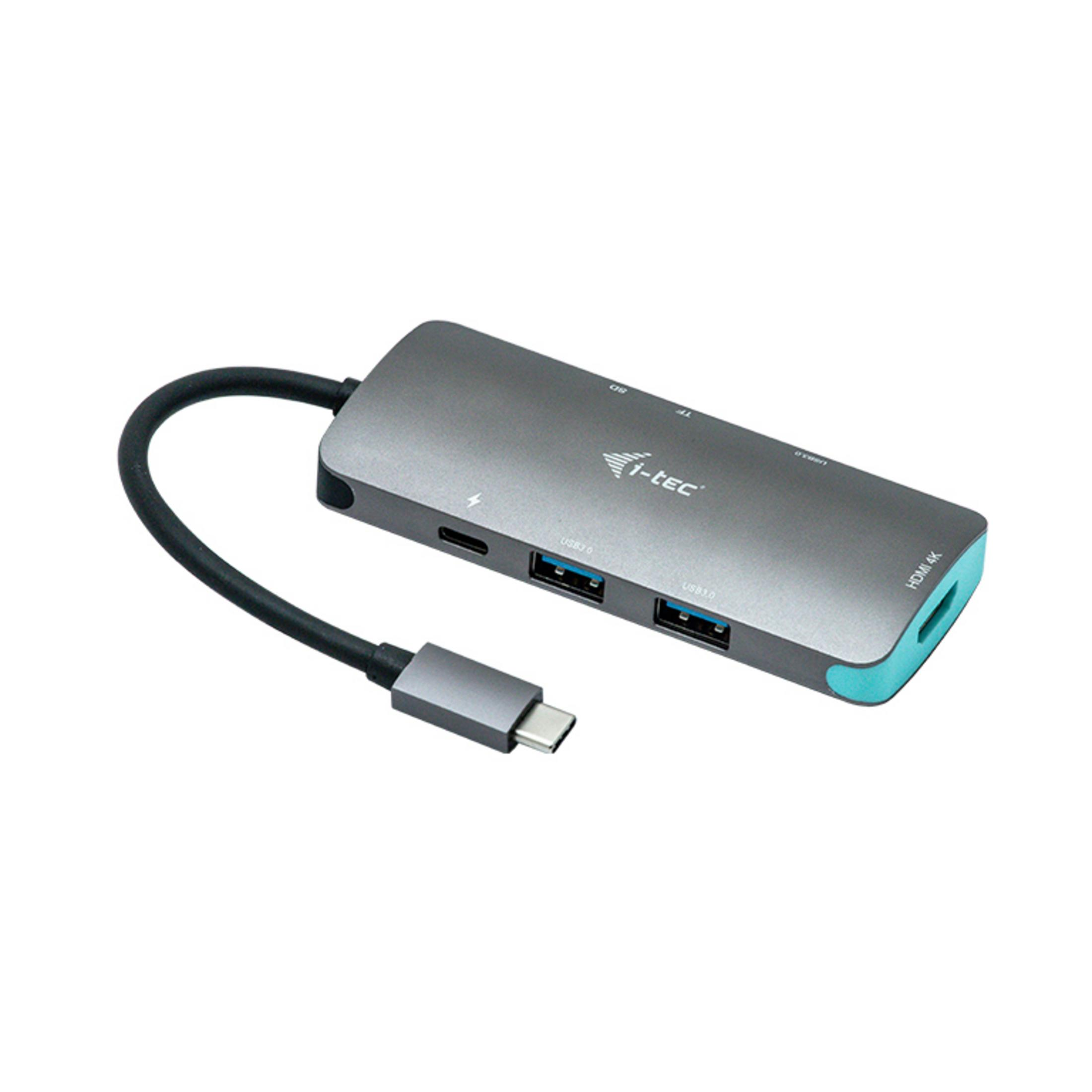 Hub USB-C grigio con due porte USB-A, HDMI e slot per schede SD/TF.