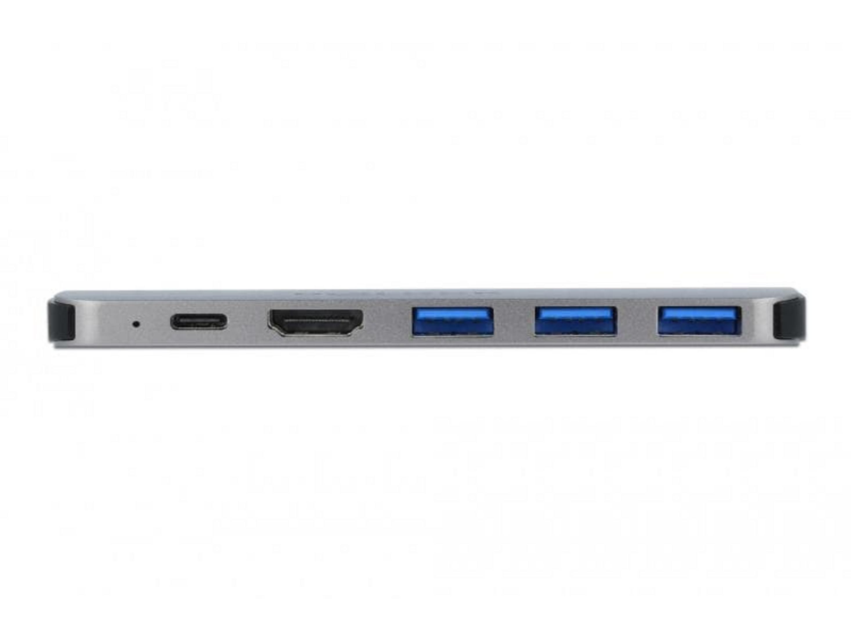Grauer USB-C-Hub mit drei blauen USB-3.0-Anschlüssen und HDMI.