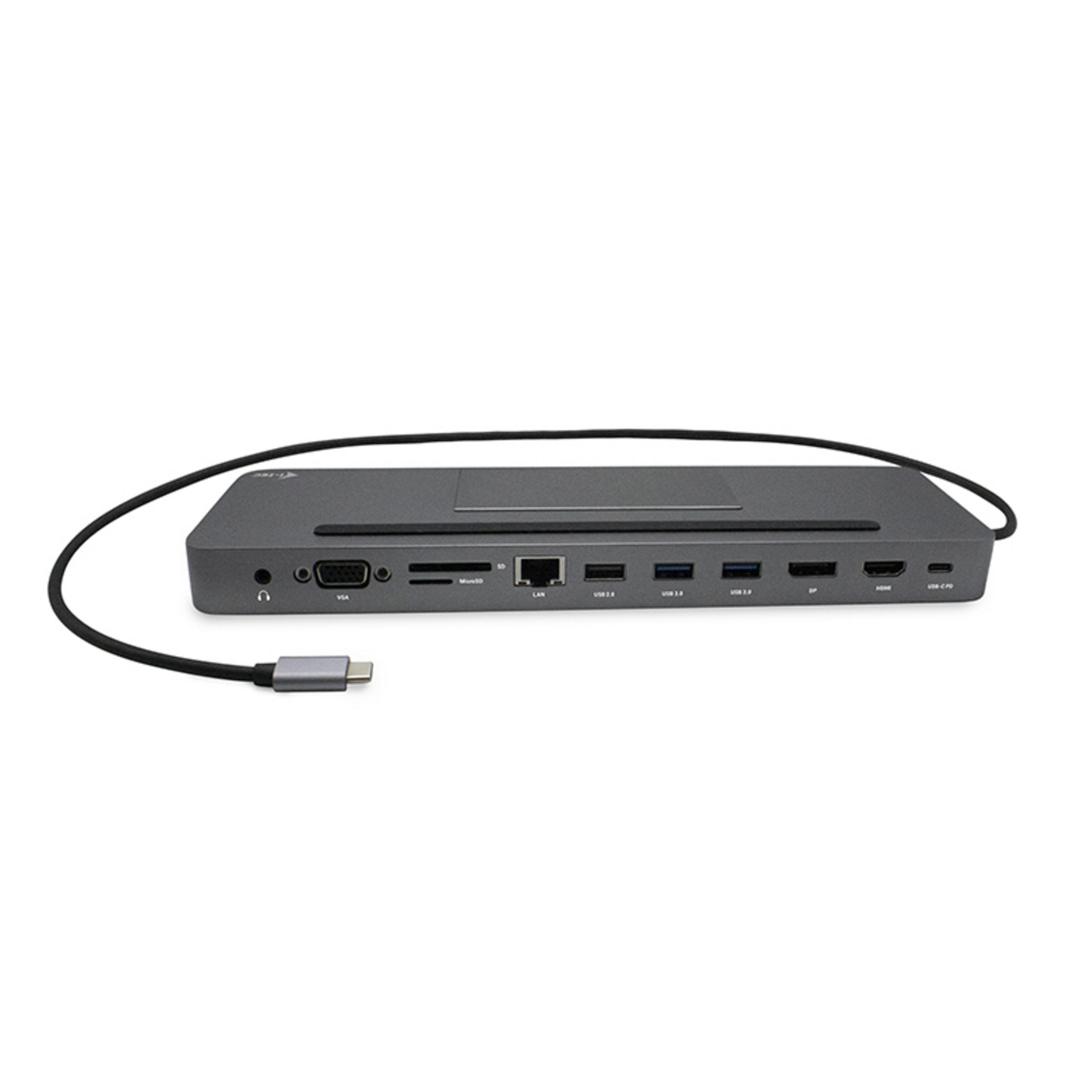 Grijze USB-C hub met poorten: VGA, SD, MicroSD, LAN, USB, HDMI, DP, USB-C