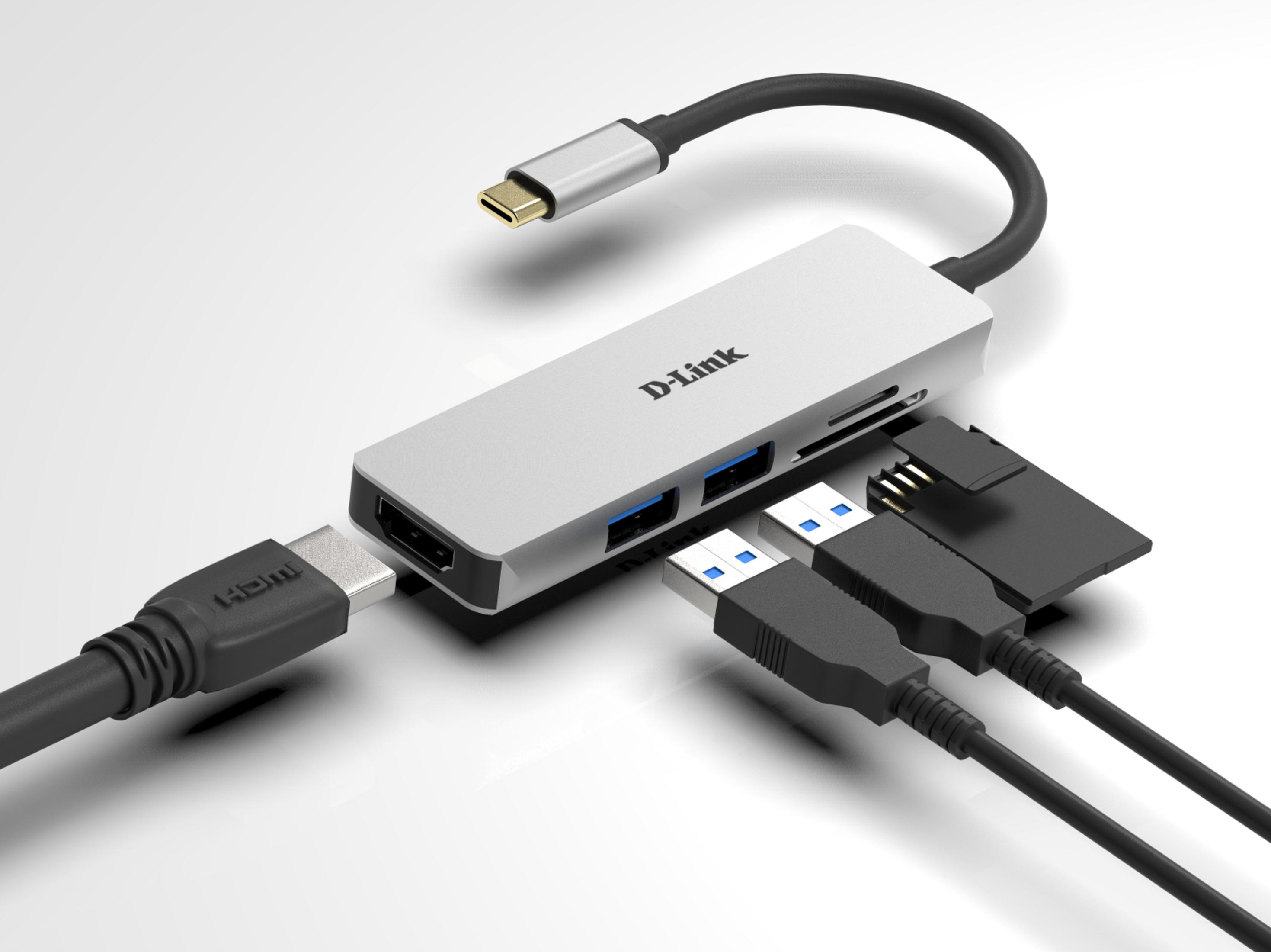Srebrny hub USB-C D-Link z portami HDMI, USB-A i czytnikiem kart SD.