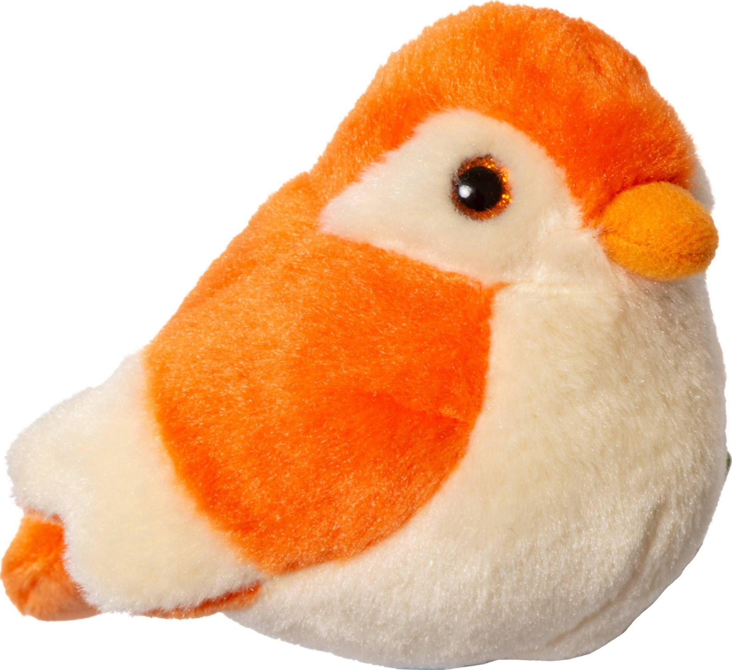 Un oiseau en peluche orange et blanc avec des yeux noirs et un bec orange.