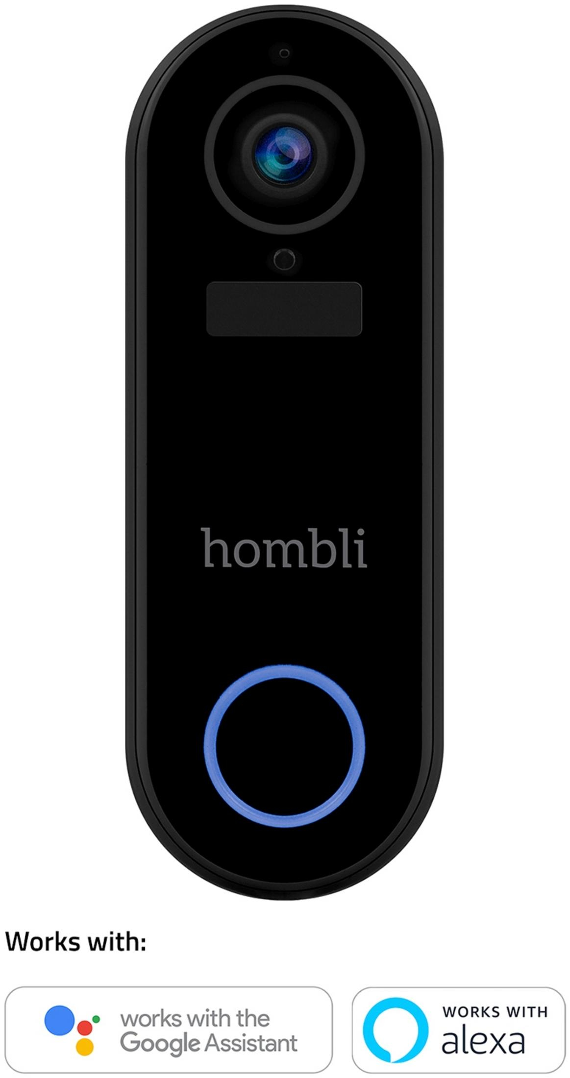 Videocitofono nero con logo 'hombli' e anello blu. Funziona con Google Assistant e Alexa.
