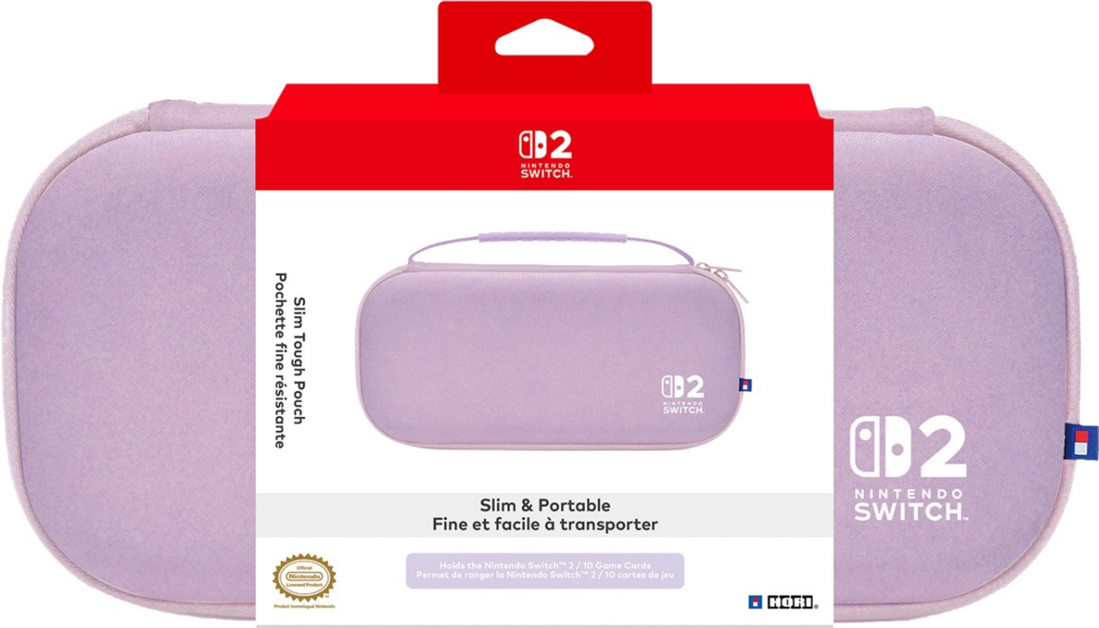 Una funda morada clara para Nintendo Switch con colgador rojo y logo de Nintendo.