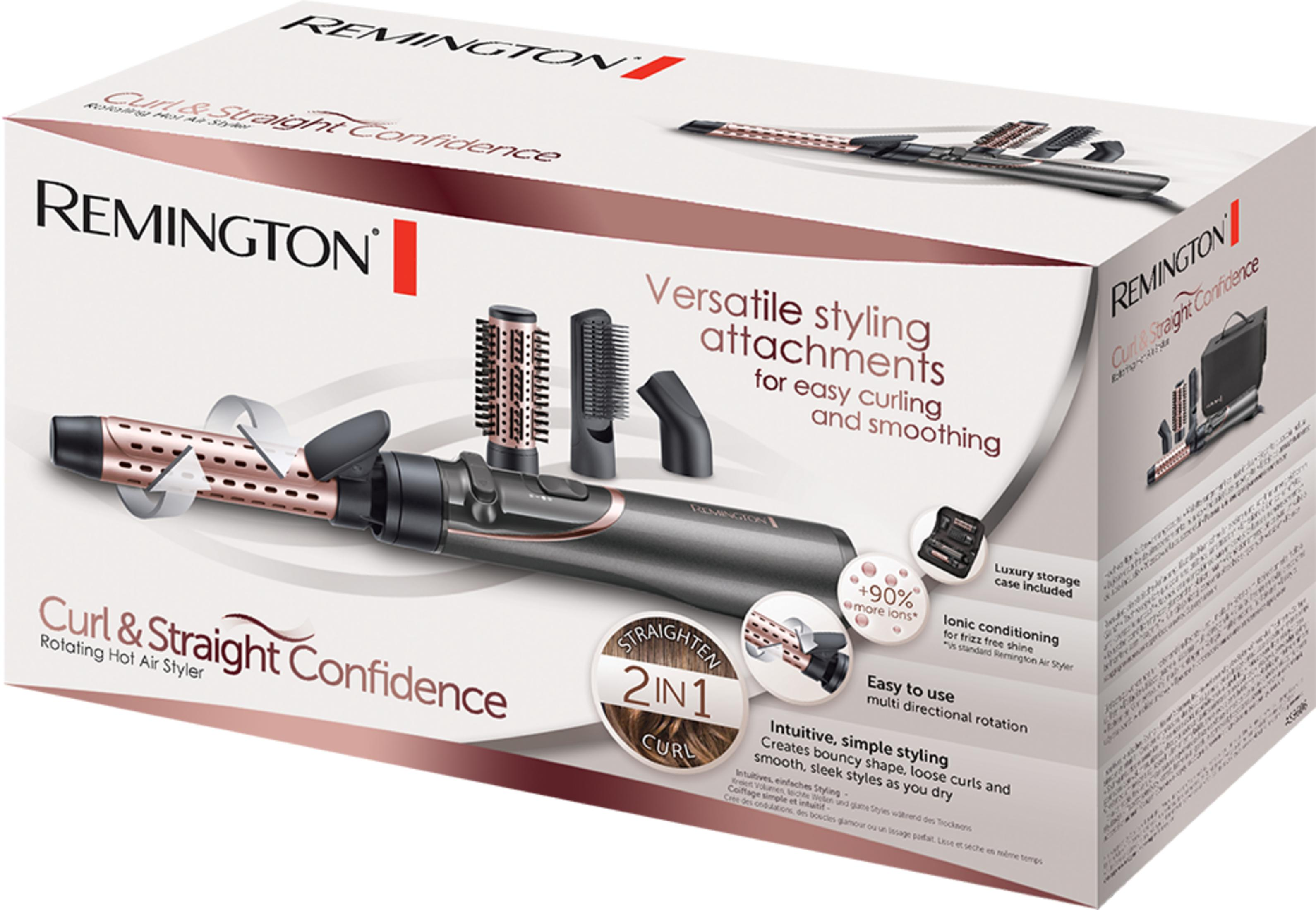 Pudełko Remington Curl & Straight Confidence z akcesoriami i zdjęciem produktu.