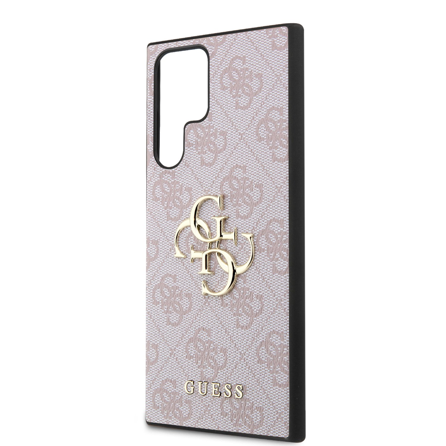 Eine rosafarbene Handyhülle mit Guess-Logo und Monogramm-Muster.
