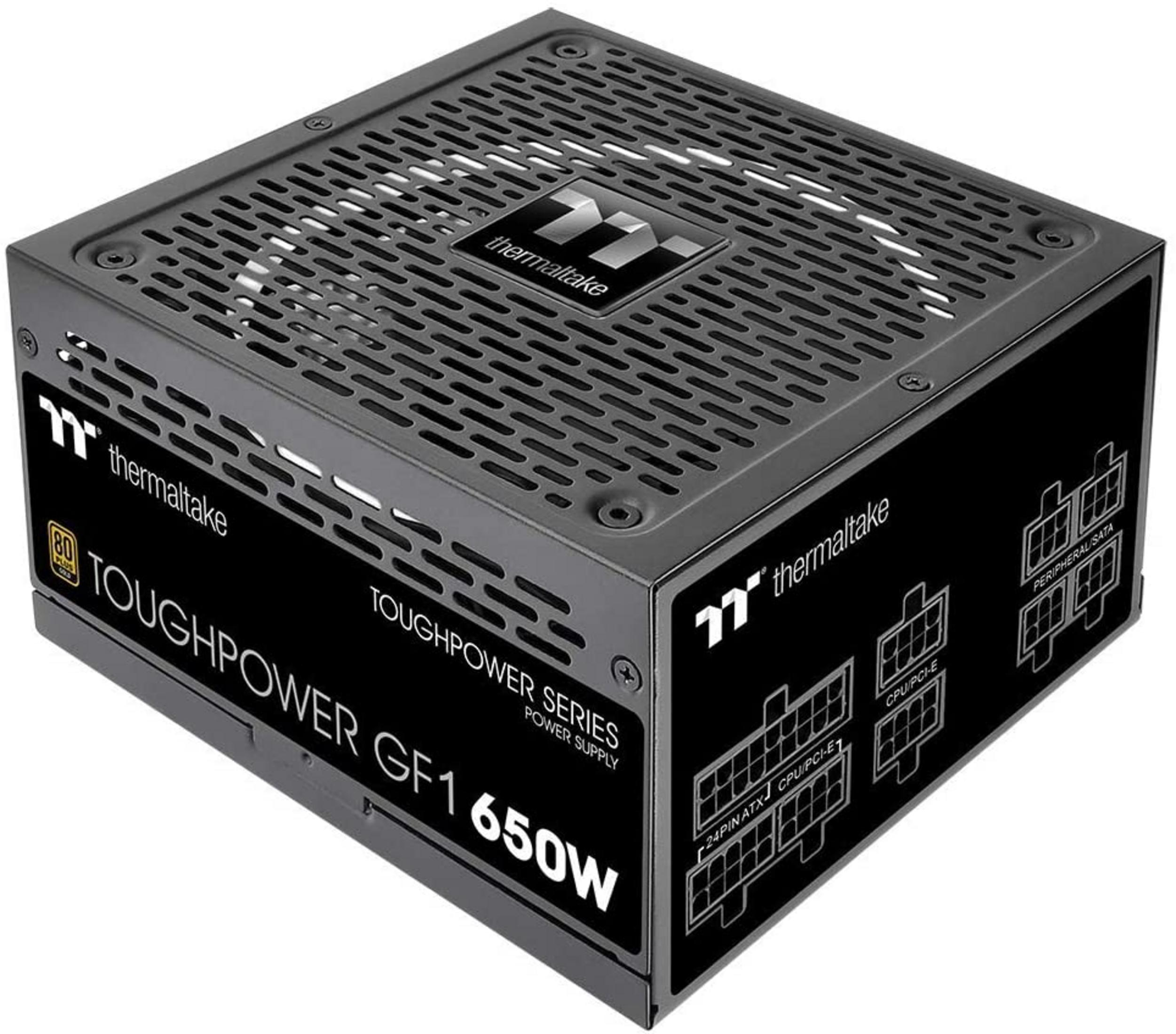 Alimentatore nero Thermaltake con etichetta "Toughpower GF1 650W" e porte.