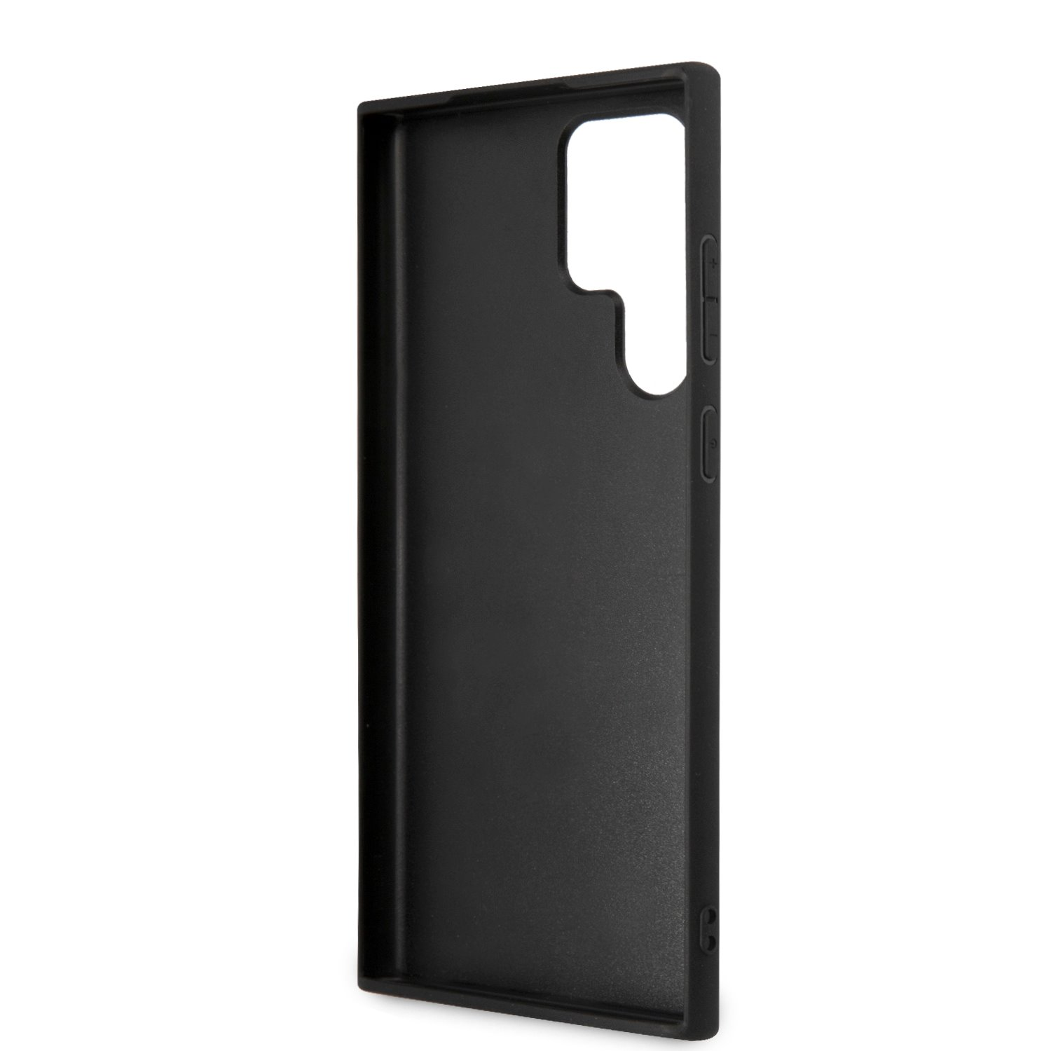 Schwarze Handyhülle mit Ausschnitt für Kamera und Tasten.