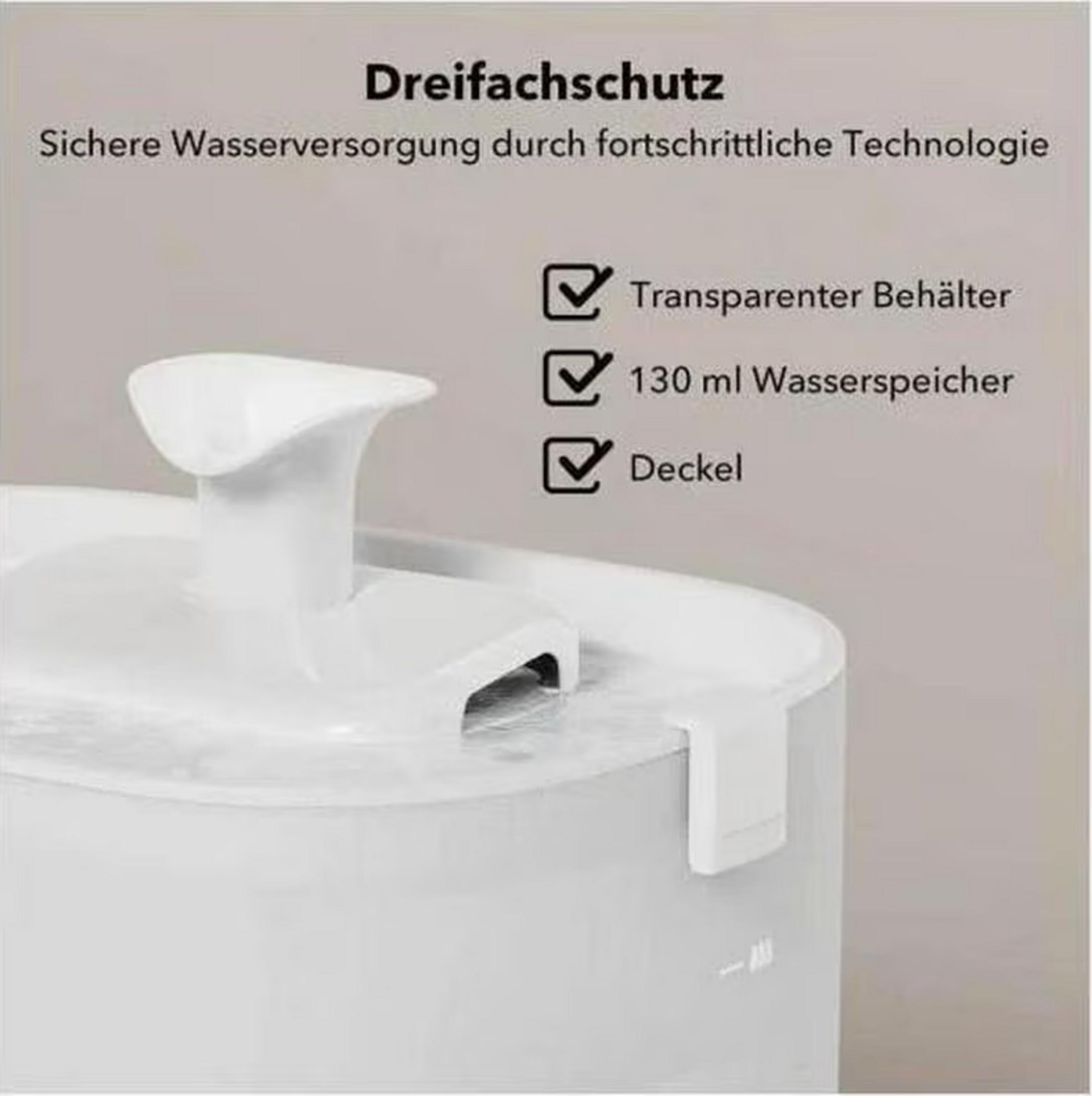 A white pet water fountain with a transparent reservoir, 130ml capacity, and lid.