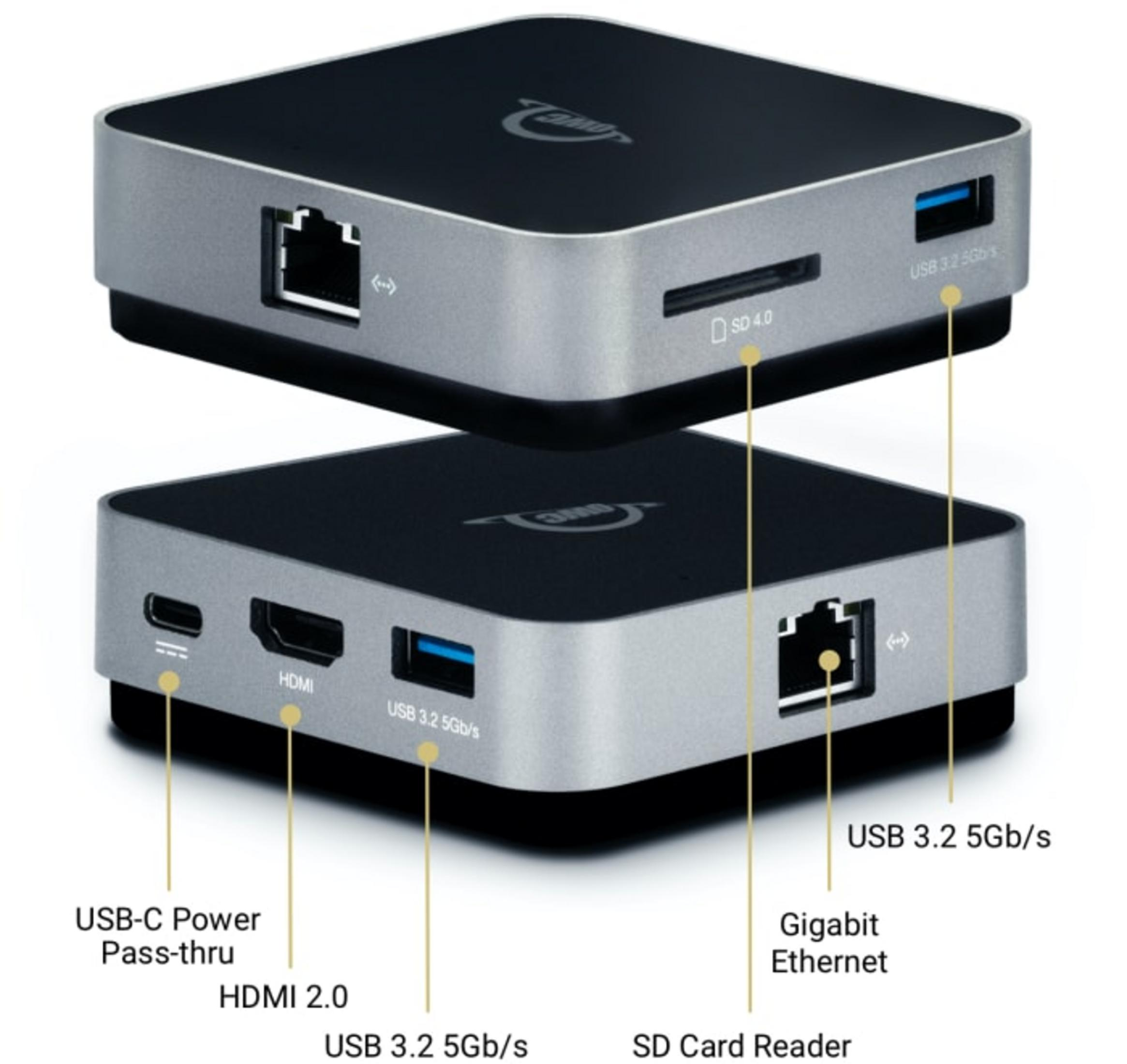Twee aluminium hubs met poorten: USB-C, HDMI, Ethernet, SD-kaartlezer.
