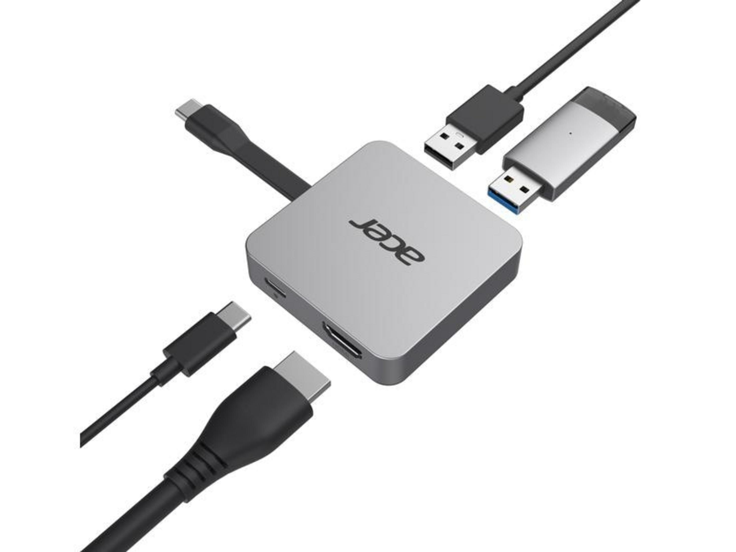 A silver Acer USB-C hub with HDMI, USB-A, and USB-C ports.
