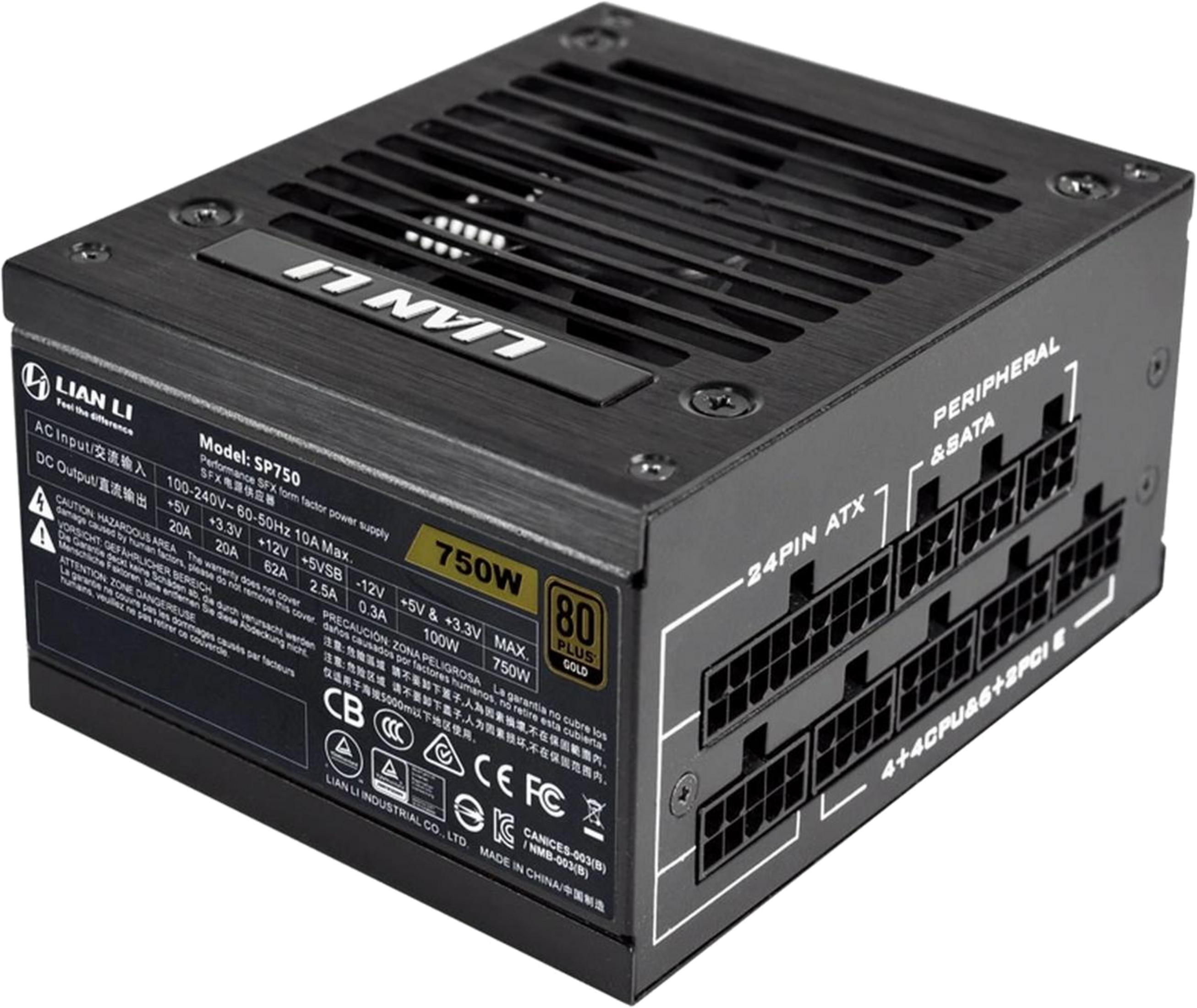 Fuente de alimentación SFX Lian Li negra de 750W, certificada 80 Plus Gold, con conectores.