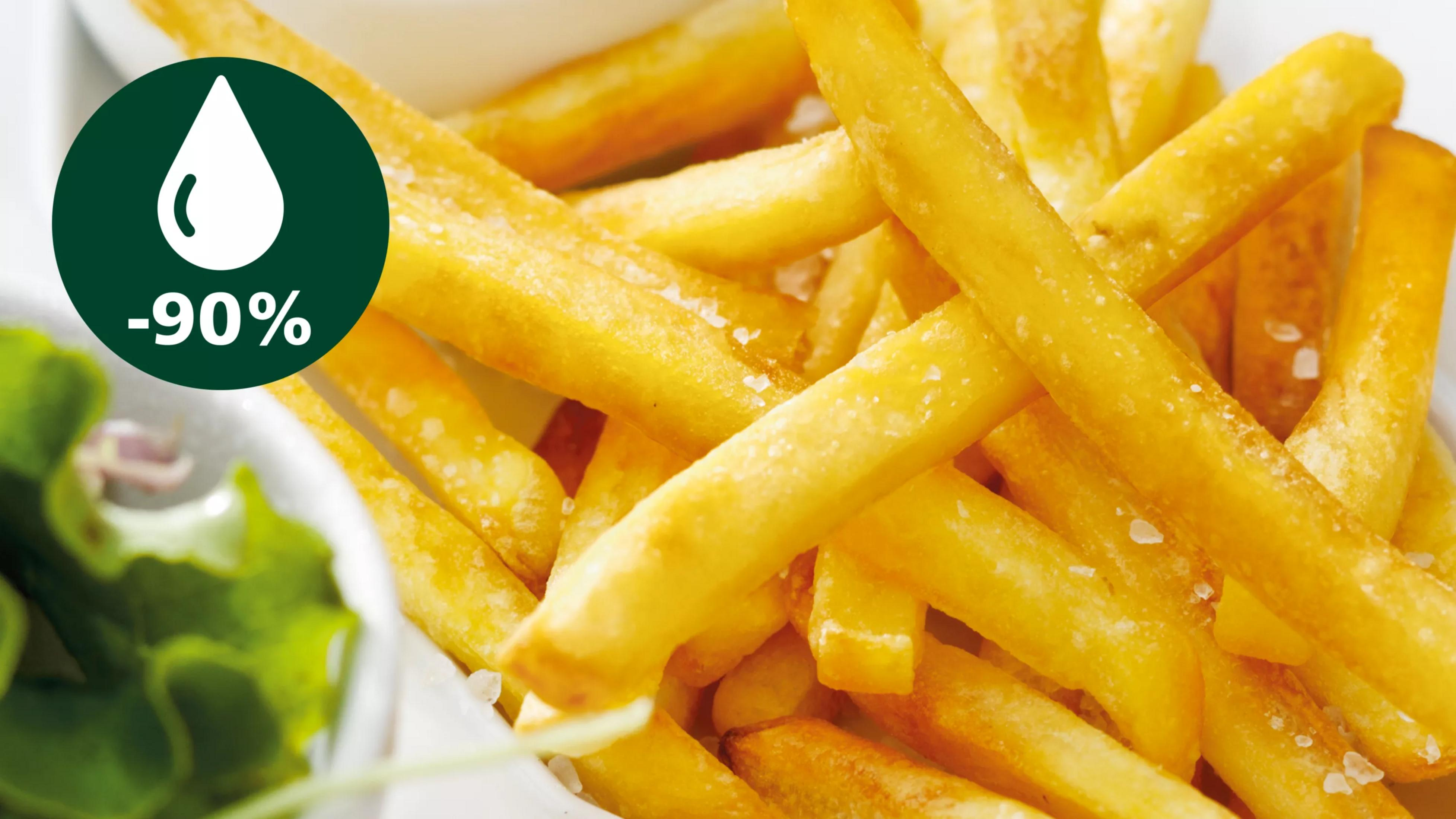 Frites avec du sel et un cercle vert avec une icône de goutte d'eau et -90%.