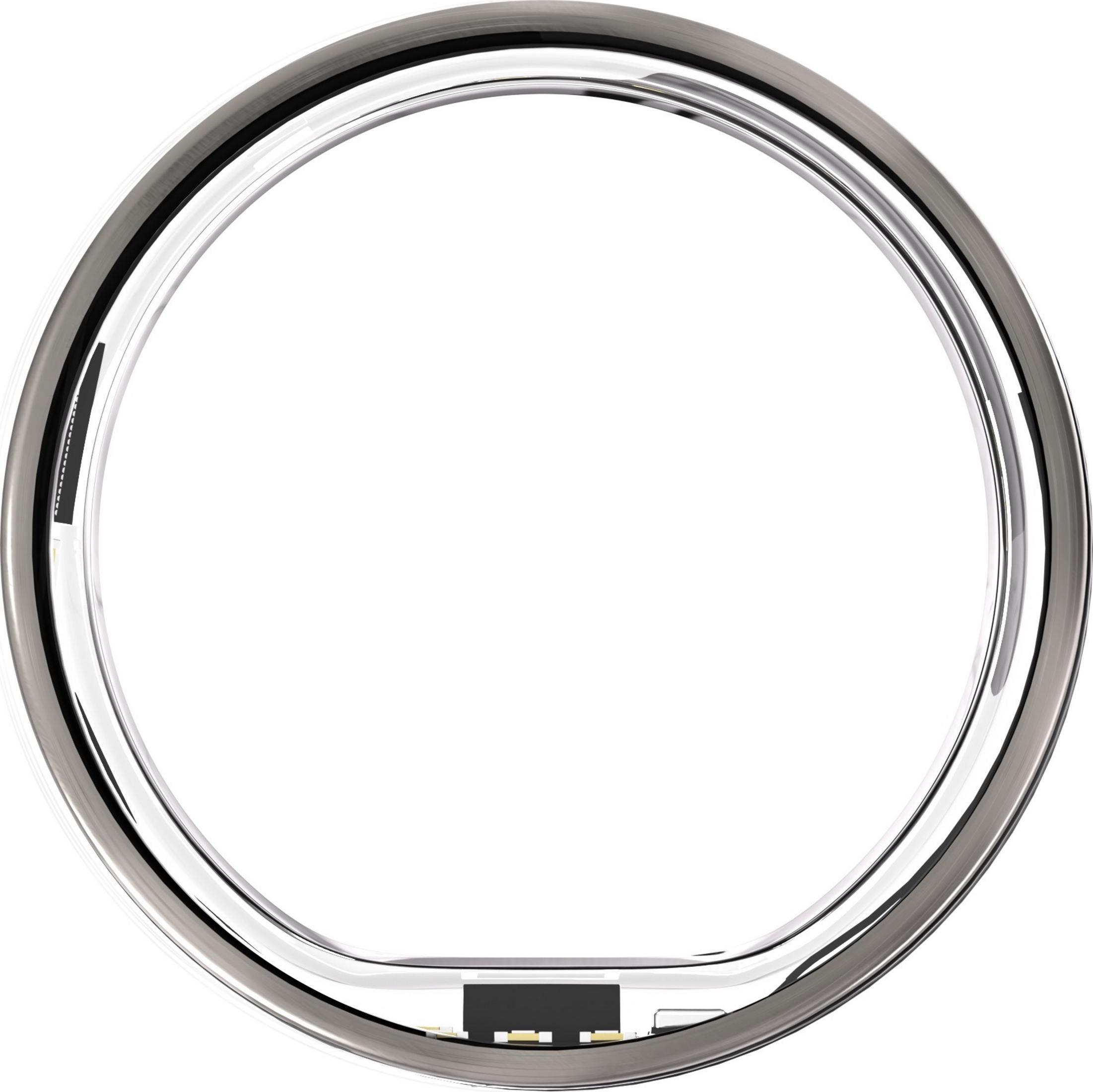 Un anello argentato con una striscia nera e componenti elettronici visibili.