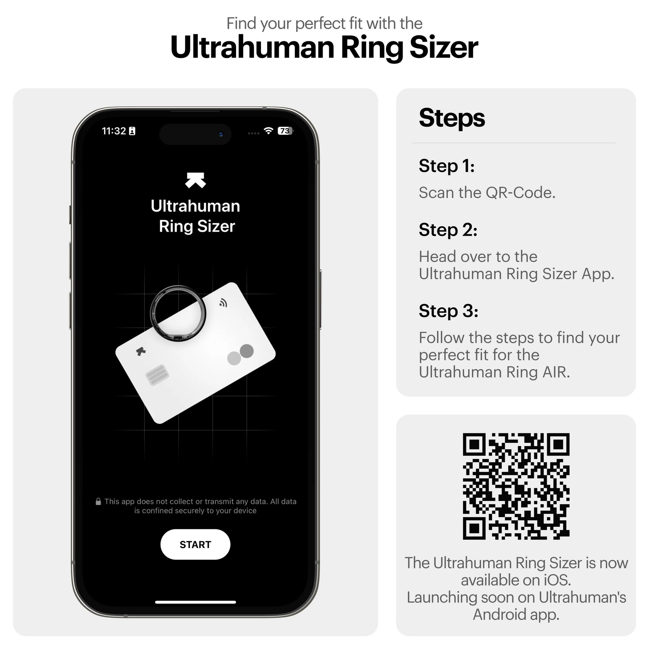 Ekran telefonu pokazuje aplikację Ultrahuman Ring Sizer z pierścieniem i kartą. Pokazano kroki i kod QR.