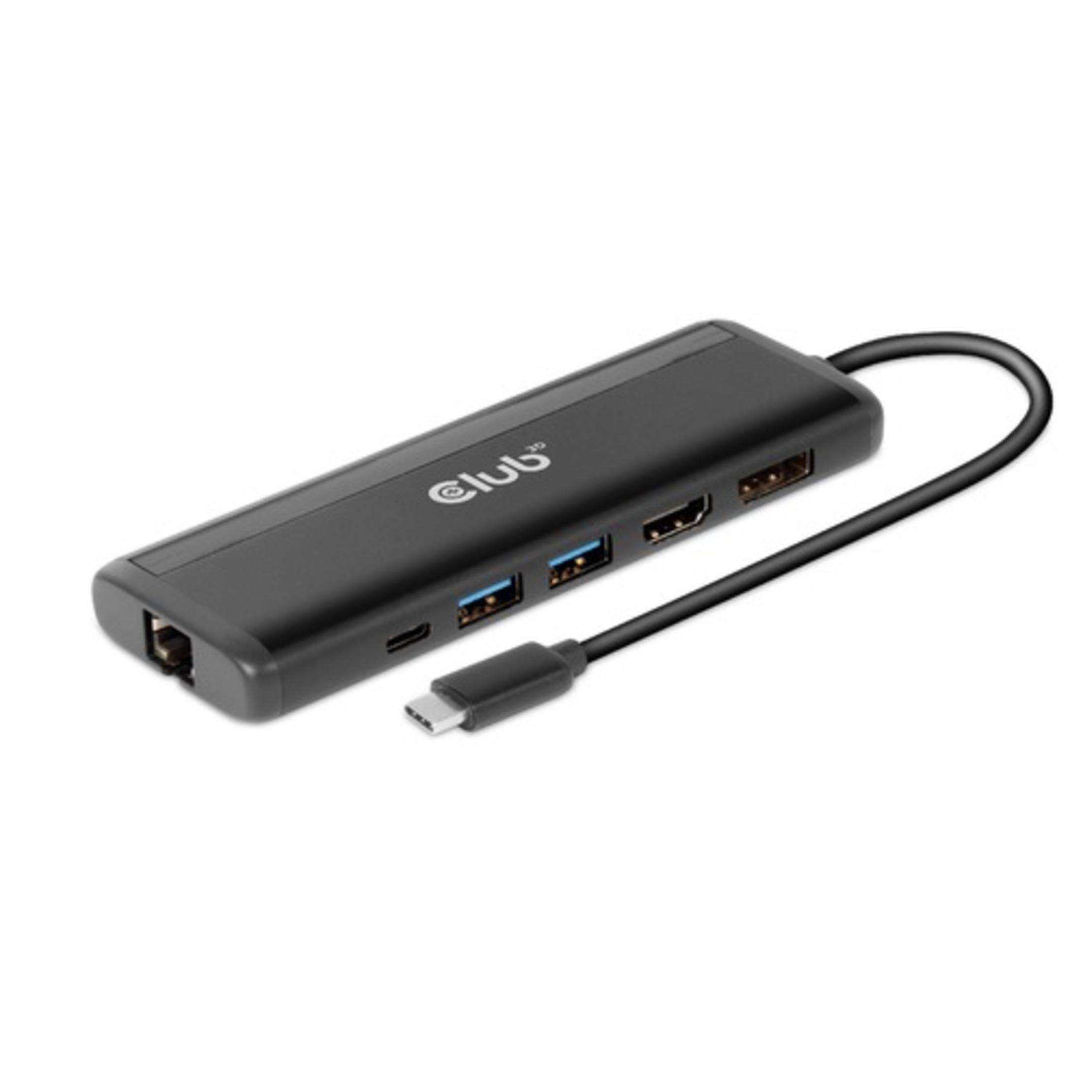 Hub USB-C nero con HDMI, porte USB-A e cavo di alimentazione.