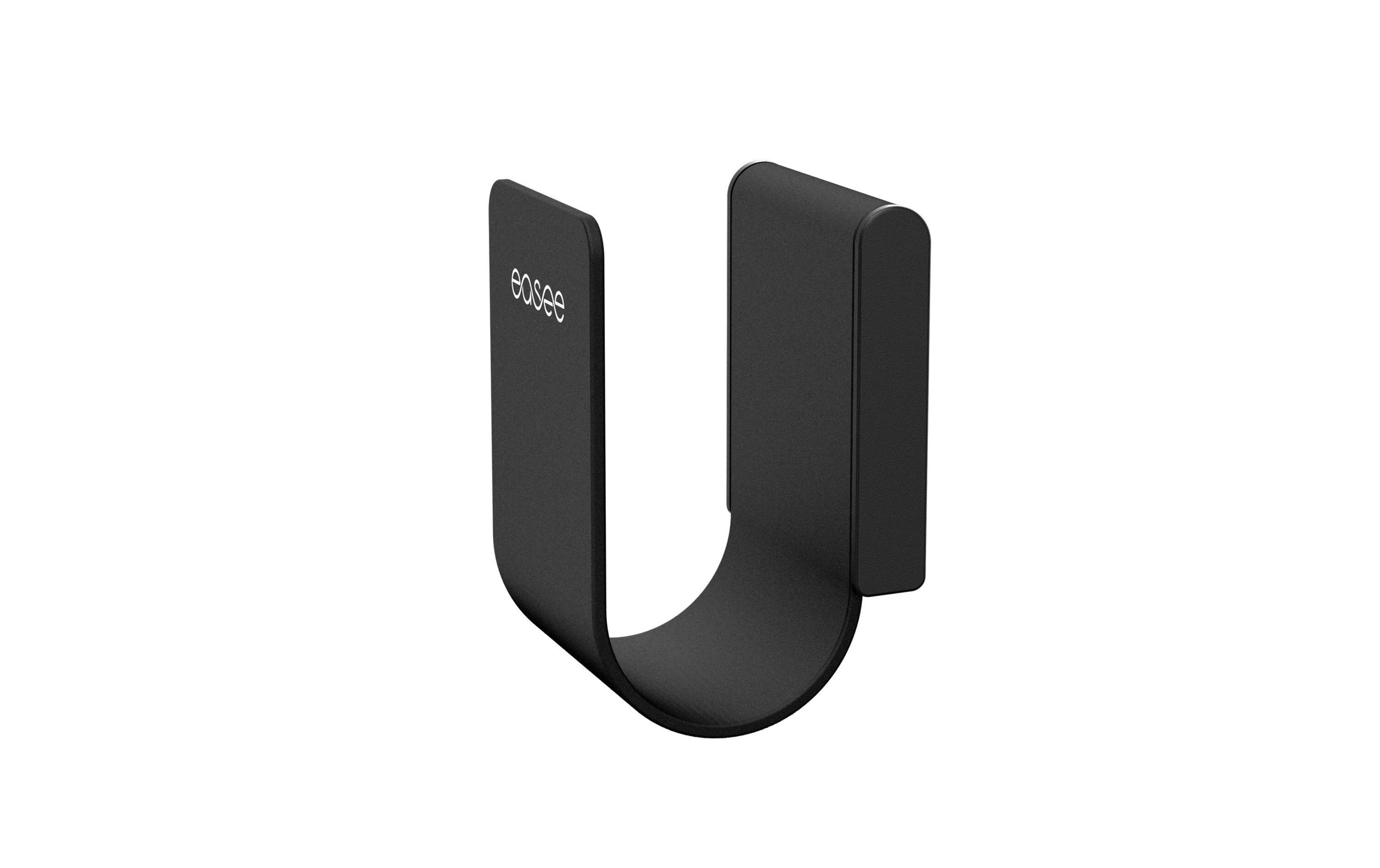 Un gancio nero a forma di U con il logo bianco 'easee' sul lato sinistro.