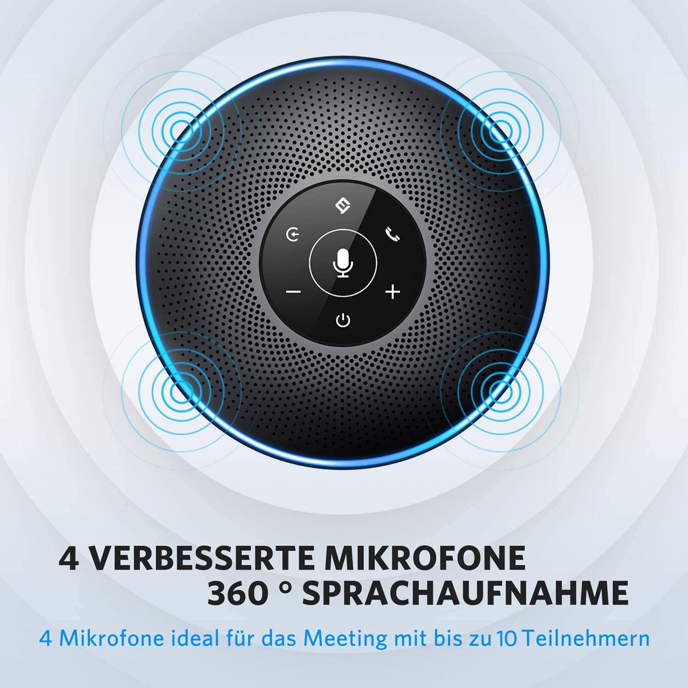 Ein schwarzer Konferenzlautsprecher mit 4 Mikrofonen und blauen Schallwellen.