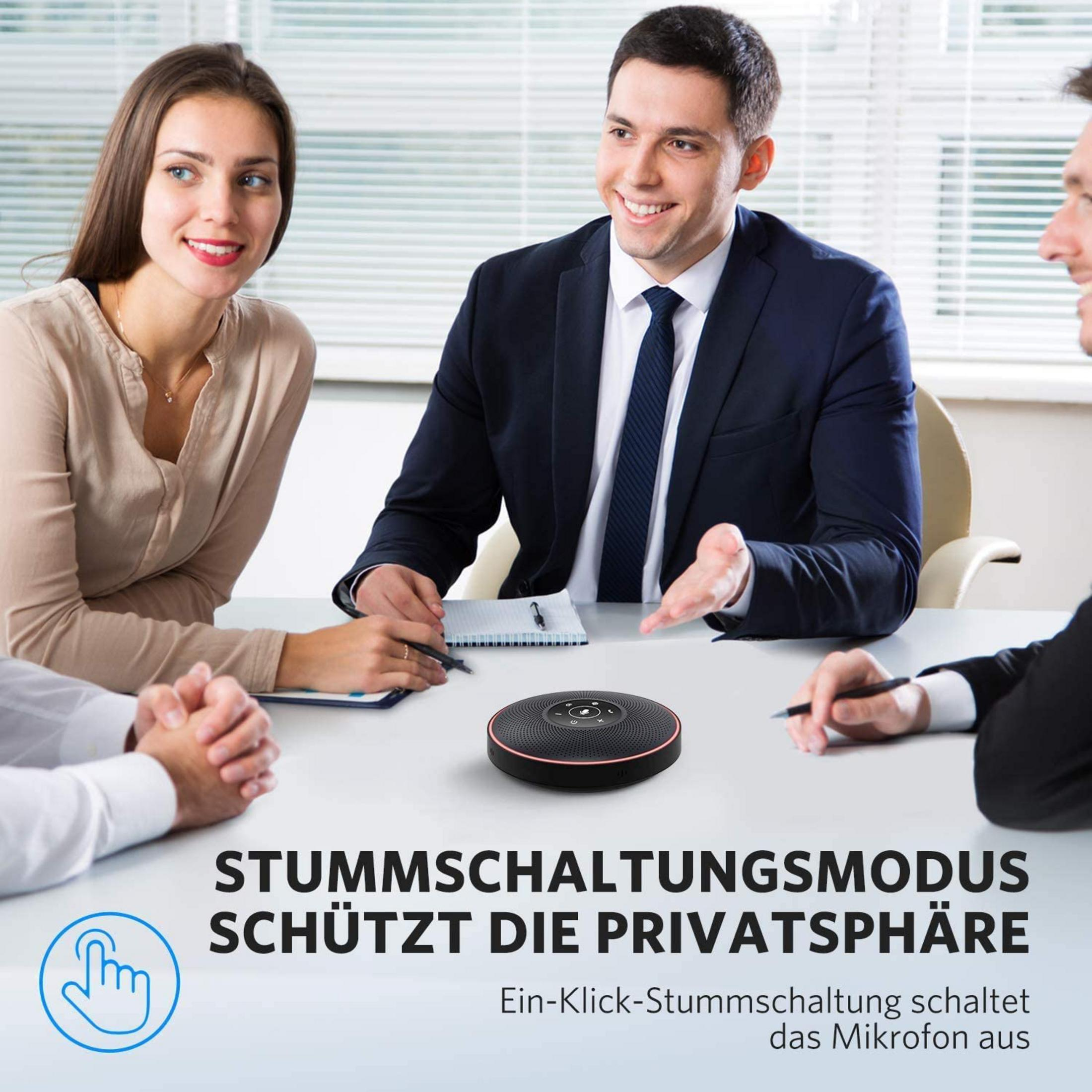 Besprechung mit Mikrofon und Text "Stummschaltungsmodus schützt die Privatsphäre".