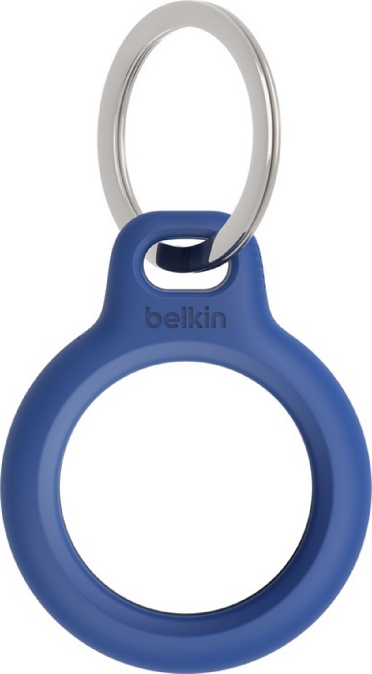 Ein blauer Belkin Schlüsselanhänger mit silbernem Ring.