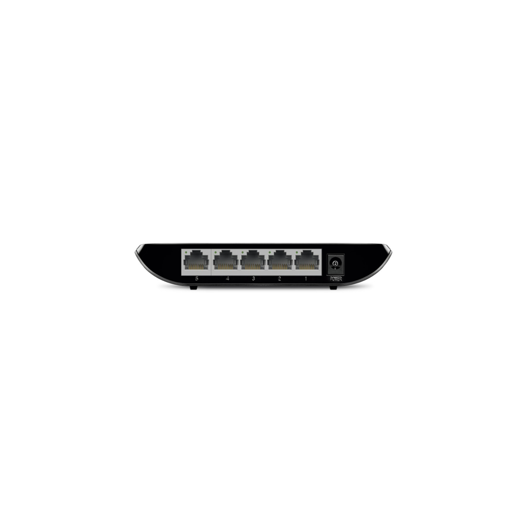 Switch réseau noir avec 5 ports Ethernet et une connexion d'alimentation.