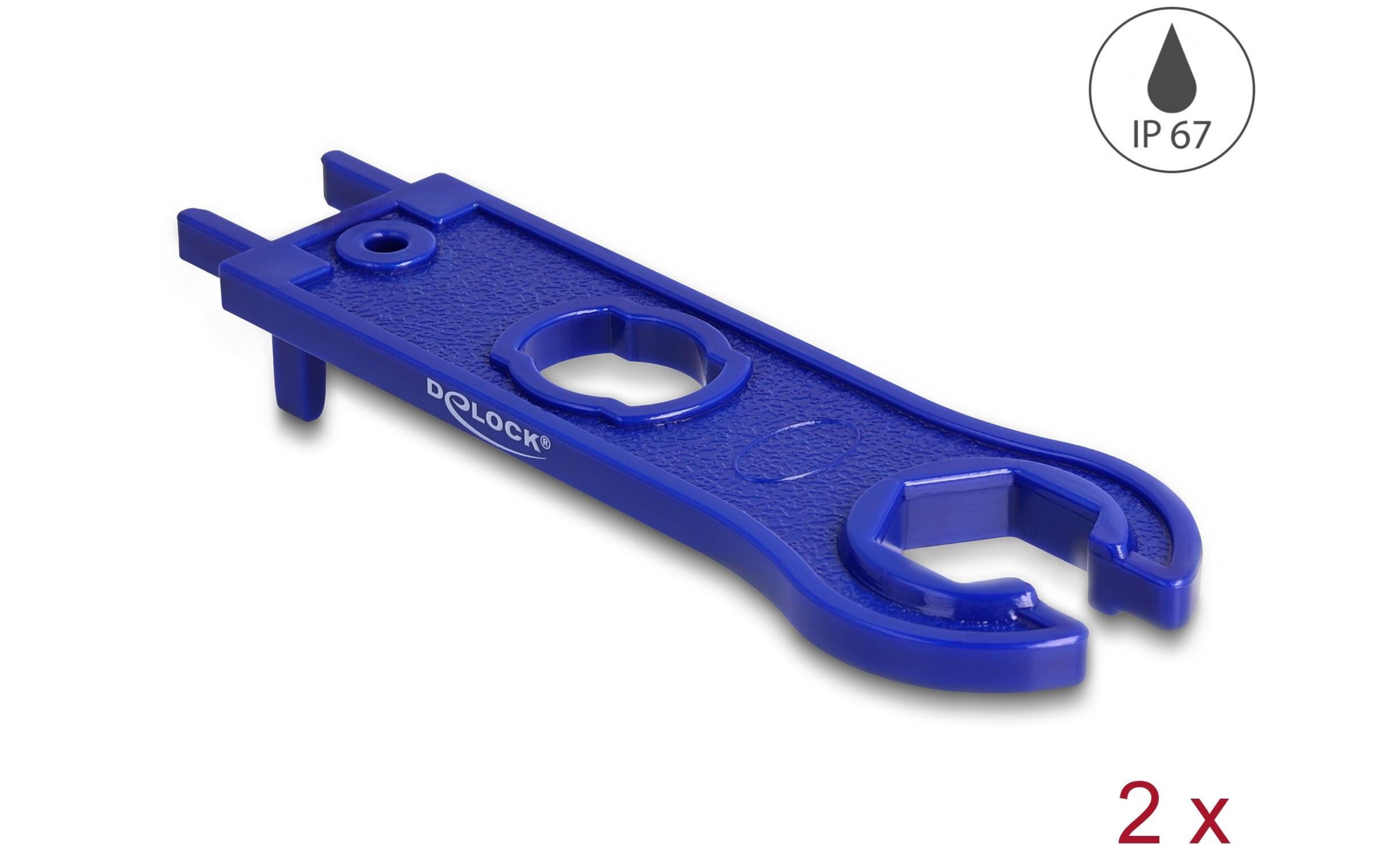 Uno strumento blu con due aperture e marchio "IP 67".