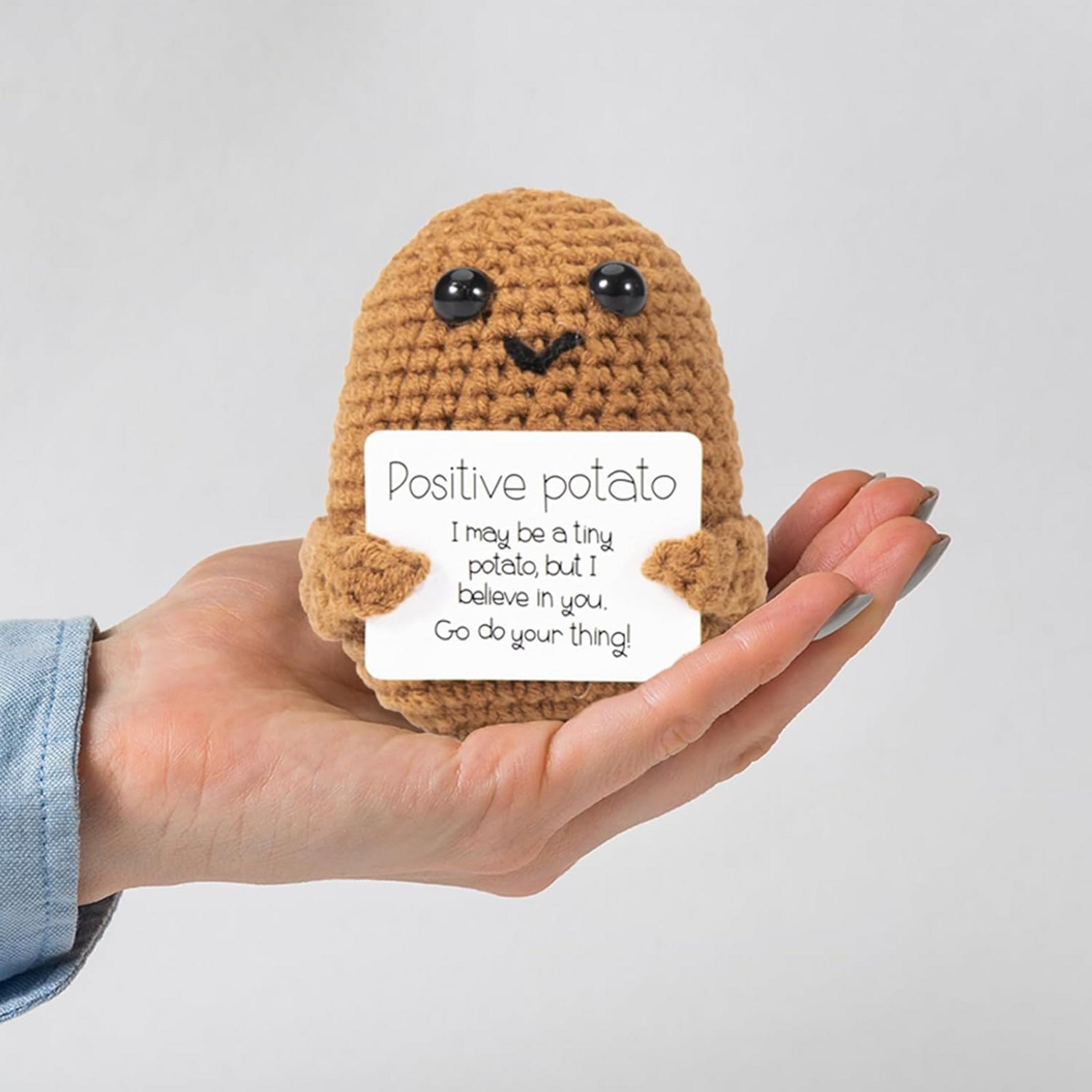 Eine gehäkelte Kartoffel hält ein Schild mit der Aufschrift „Positive Kartoffel“.