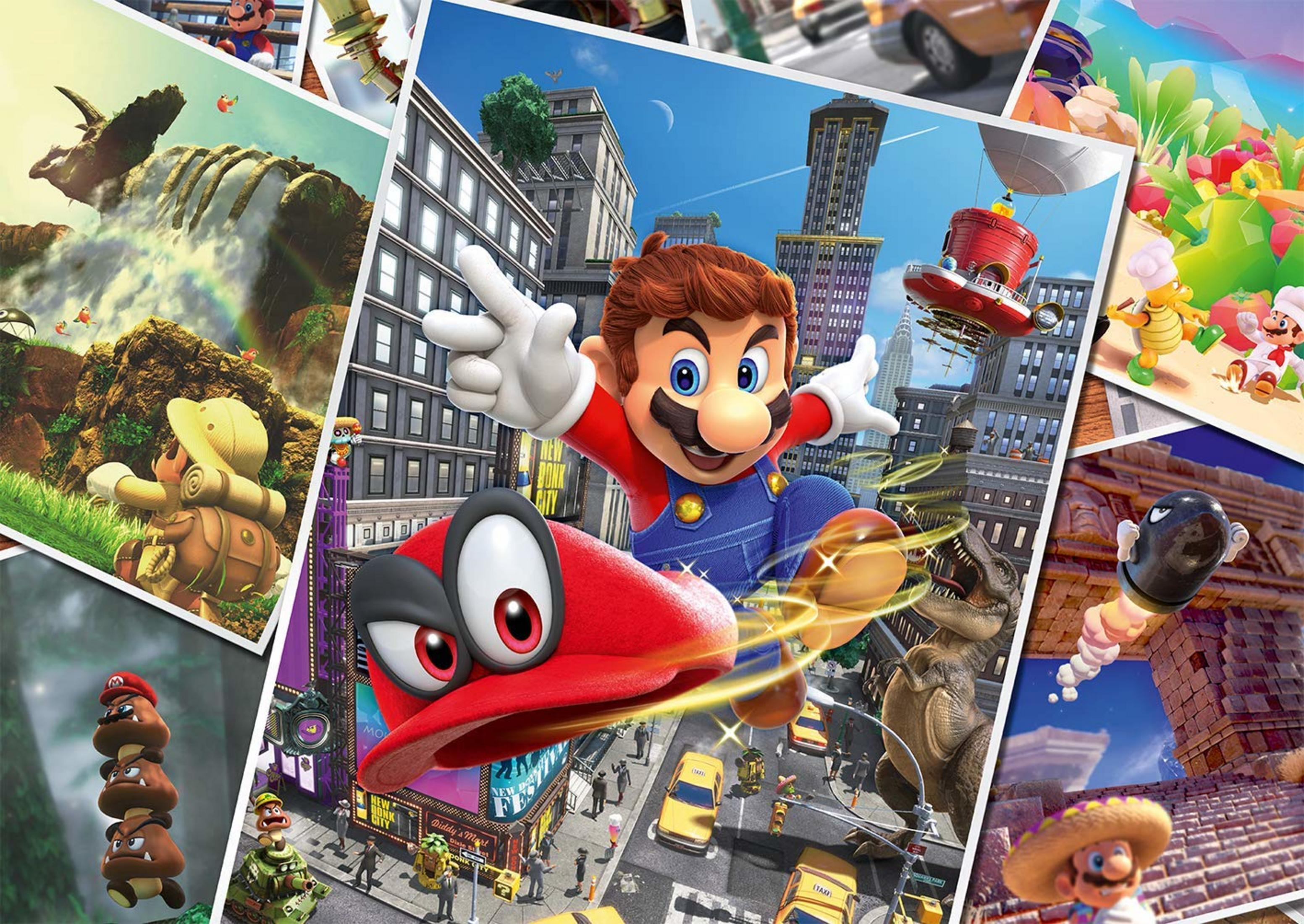 Mario springt in einer Stadt mit Dinosauriern, Luftschiffen und vielen Bildern.