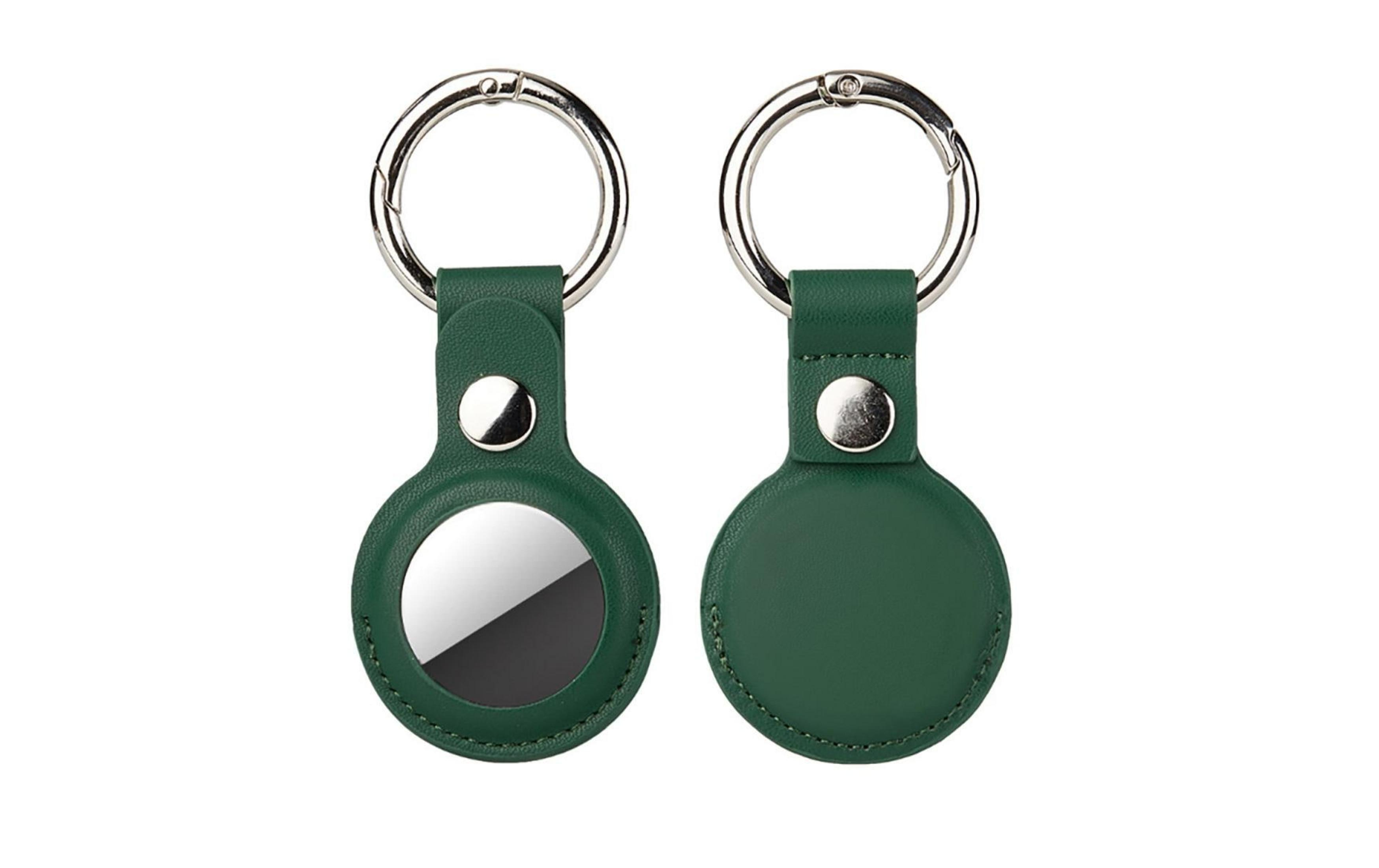 Deux porte-clés verts avec anneaux et boutons-pression argentés.