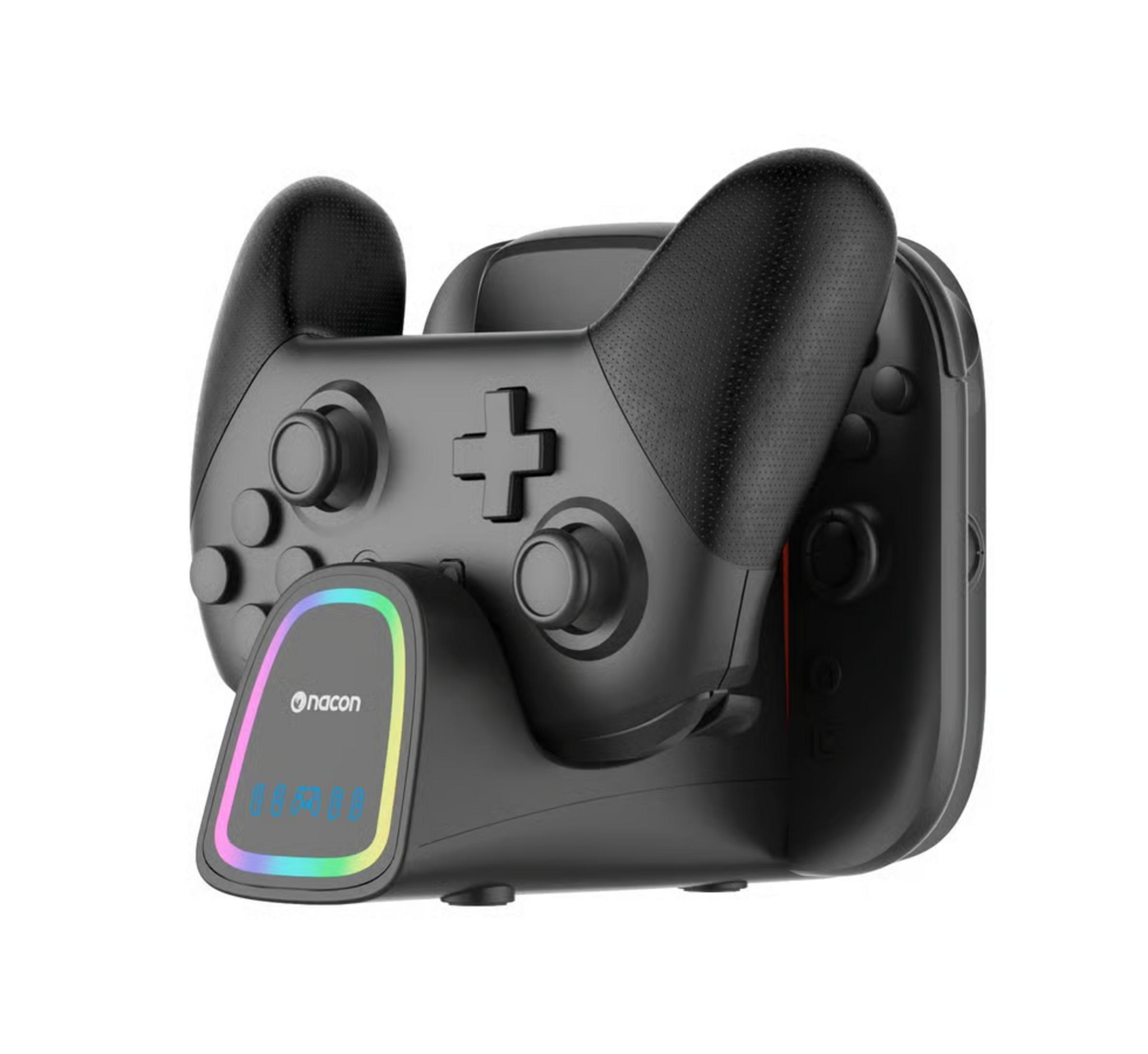 Un controller nero su una base di ricarica con luci LED colorate.