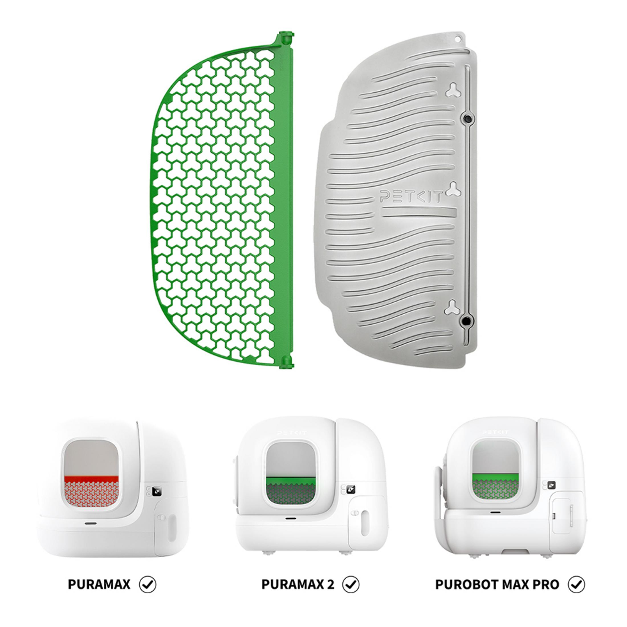 Zielona kratka, srebrna osłona i trzy białe kuwety.