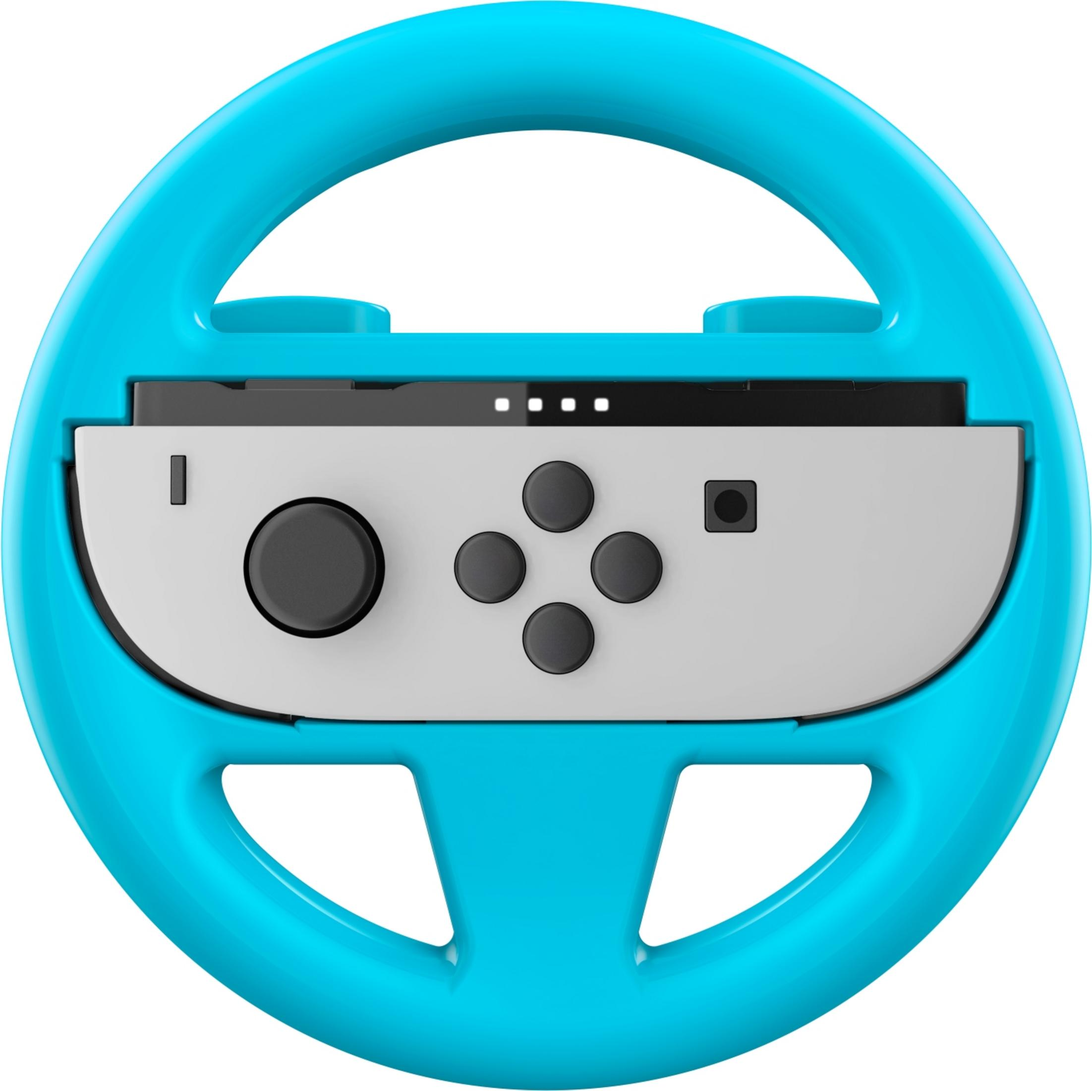 Un accesorio de volante azul brillante con una ranura blanca para mando Joy-Con.