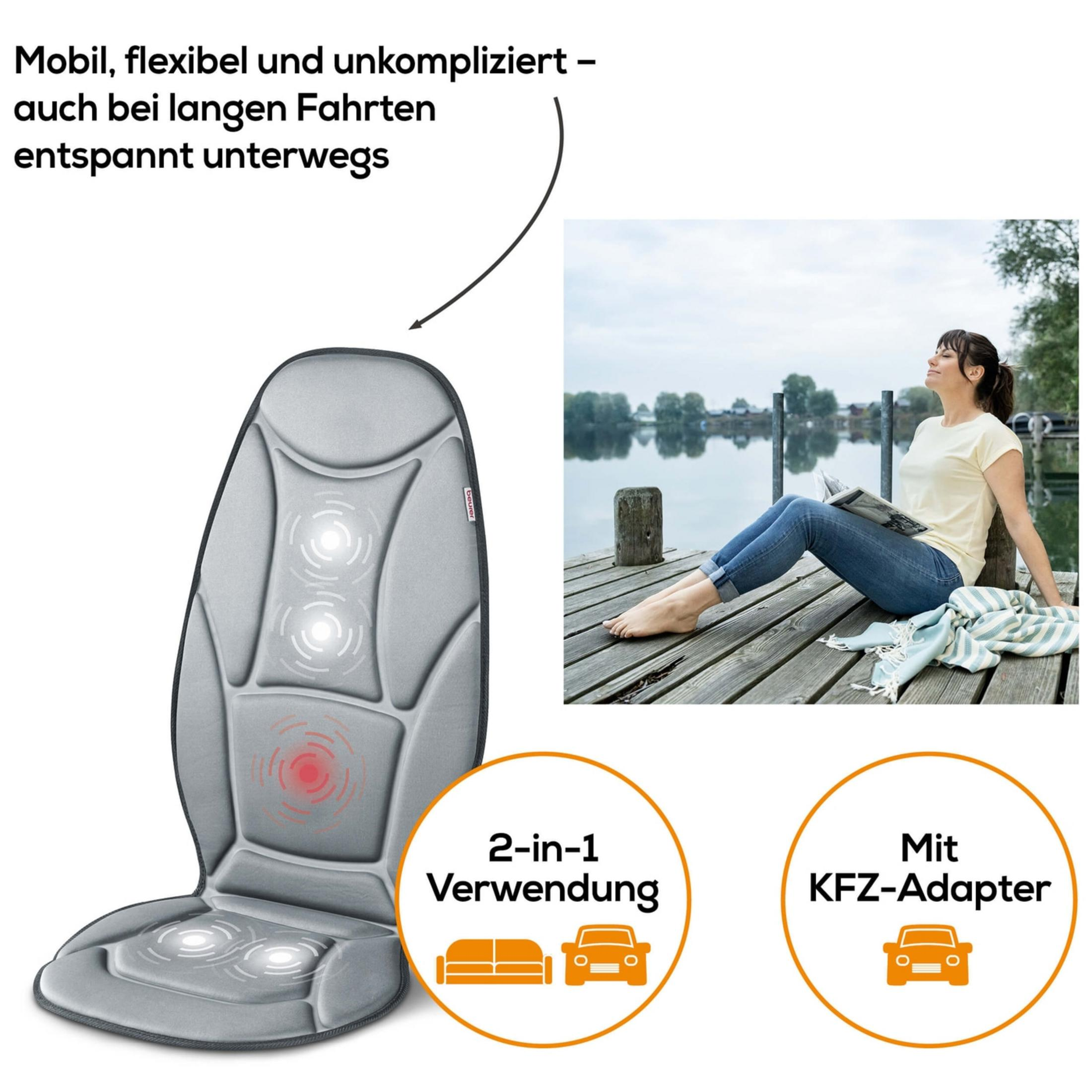 Graues Massagekissen mit roten und weißen Lichtern, Frau liest Buch am See.