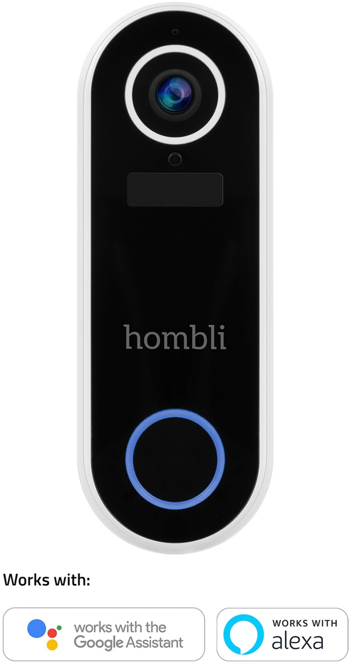 Hombli Türklingel mit Kamera, beleuchtetem Ring und Logos für Google Assistant und Alexa.