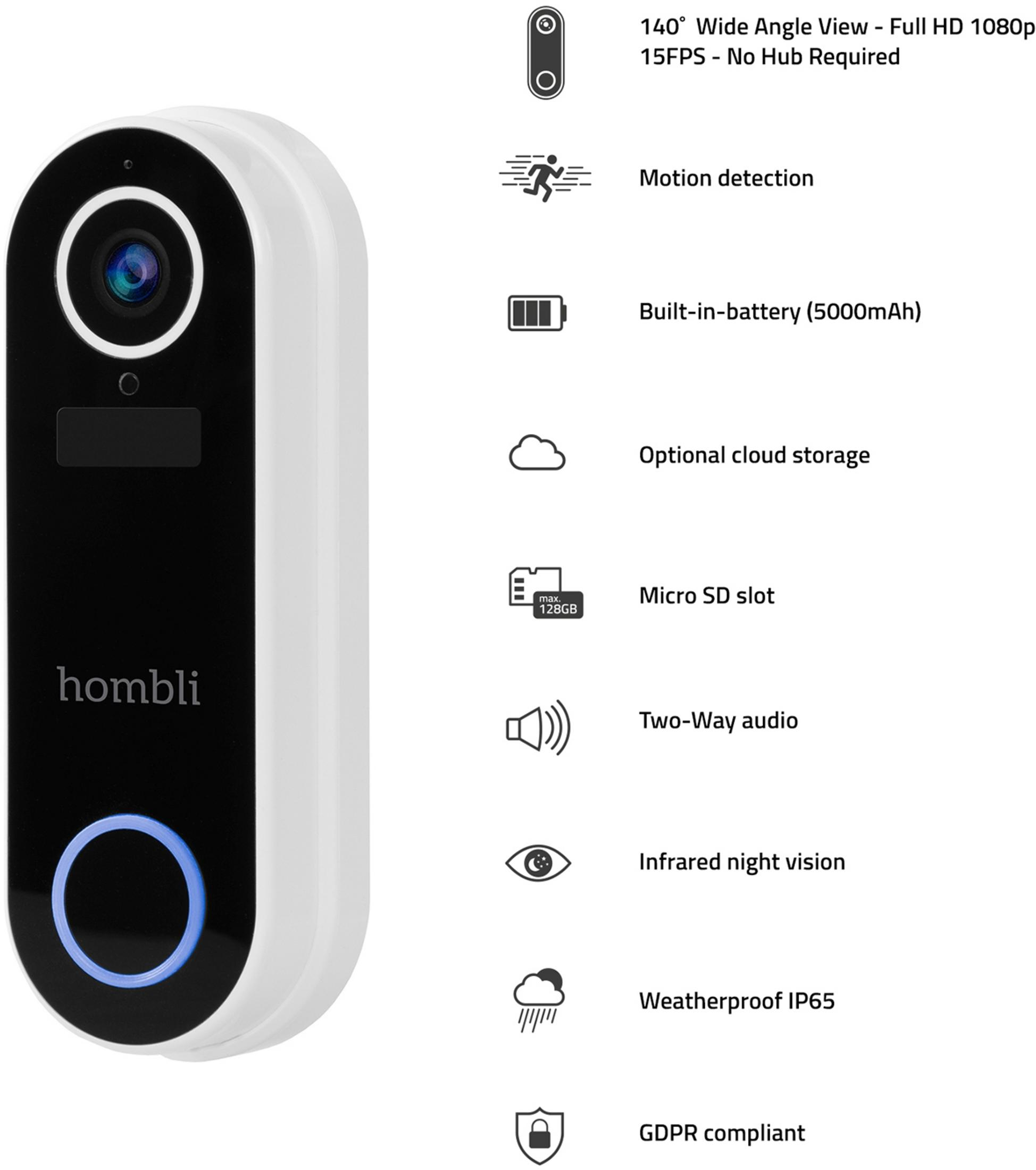 Hombli Türklingel mit 140° Weitwinkel, Full HD, Akku, SD-Slot.