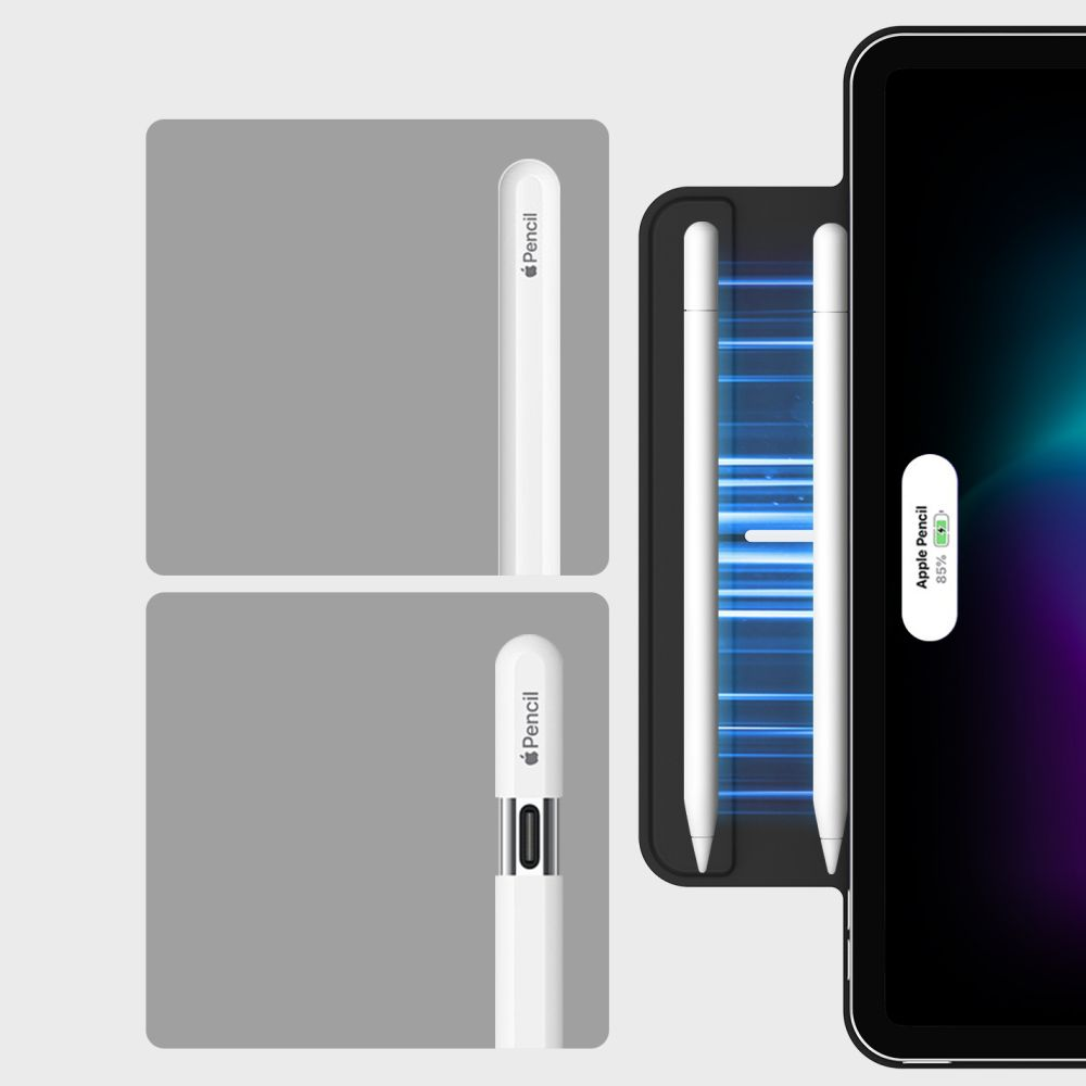 Zwei Apple Pencils in einer schwarzen Halterung laden neben einem Tablet.