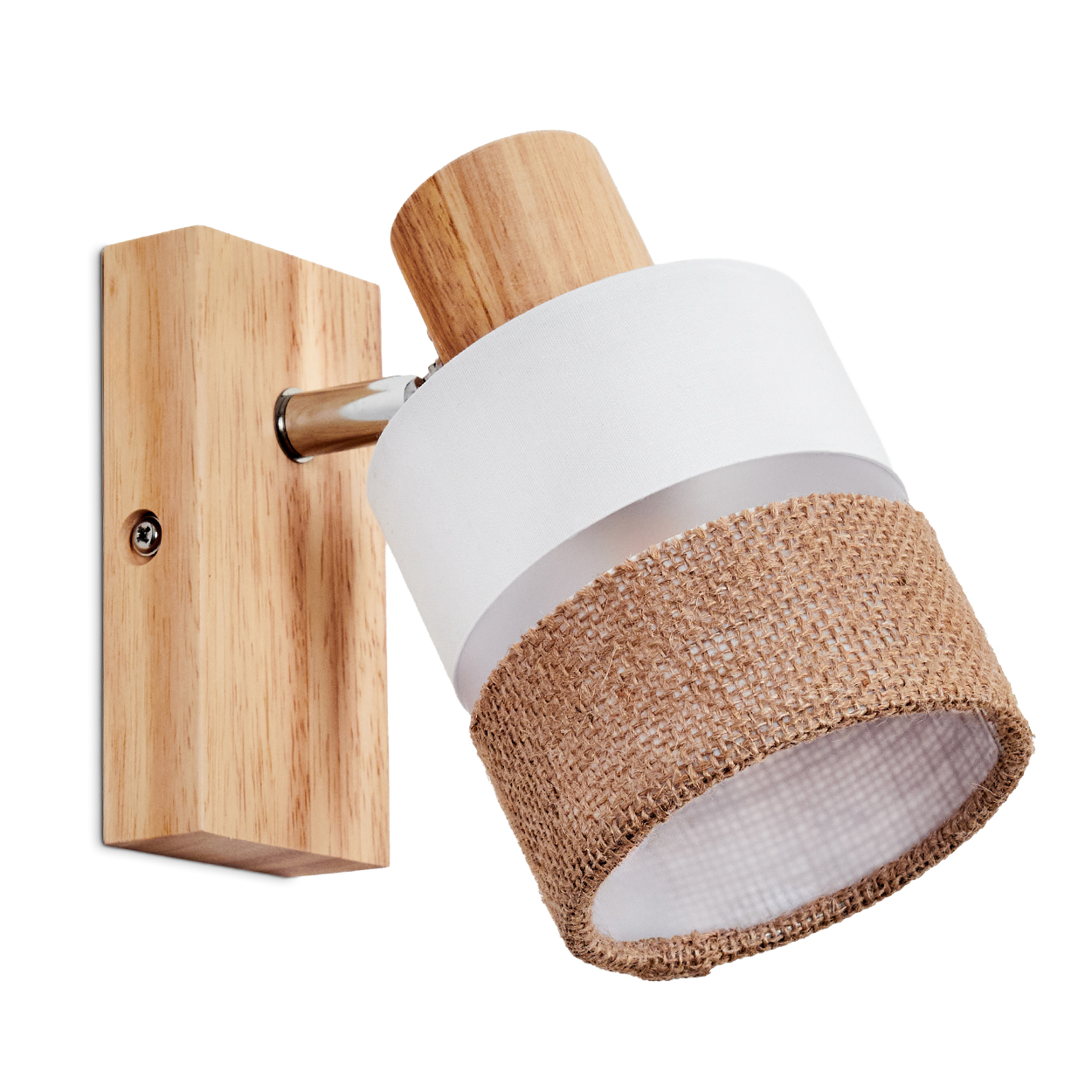 Eine Wandleuchte aus Holz mit einem weißen und Jute Lampenschirm.