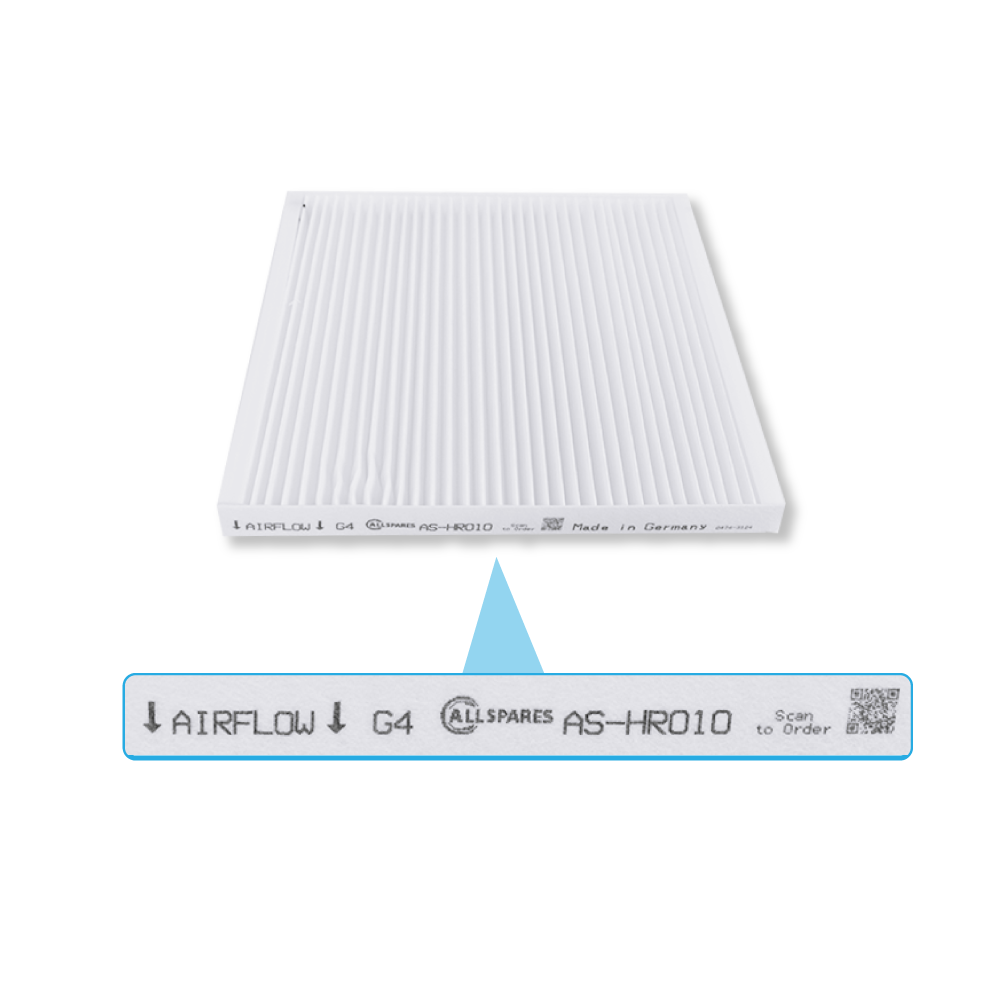 Ein weißer Luftfilter mit Falten, Modell AS-HR010, Made in Germany.