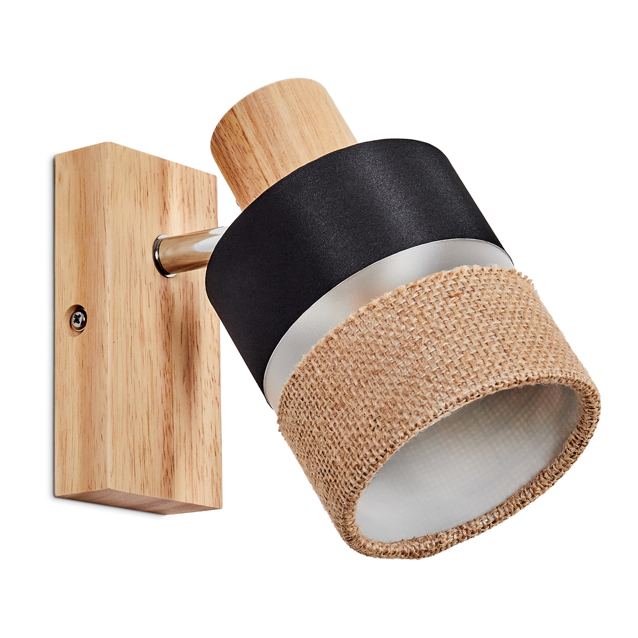 Holzwandleuchte mit schwarzem Zylinder und Jutestoff.