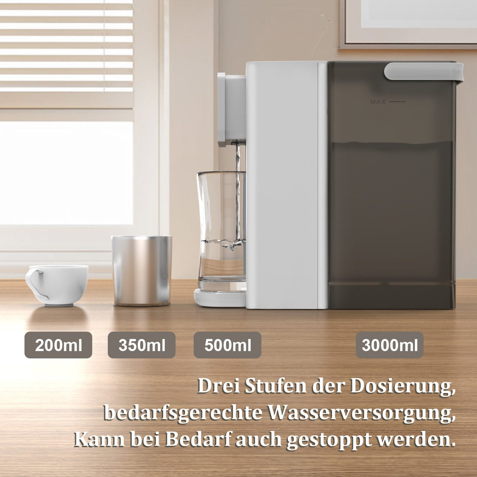 Ein Wasserspender mit verschiedenen Dosierungsgrößen. Links eine Tasse, dann Becher.