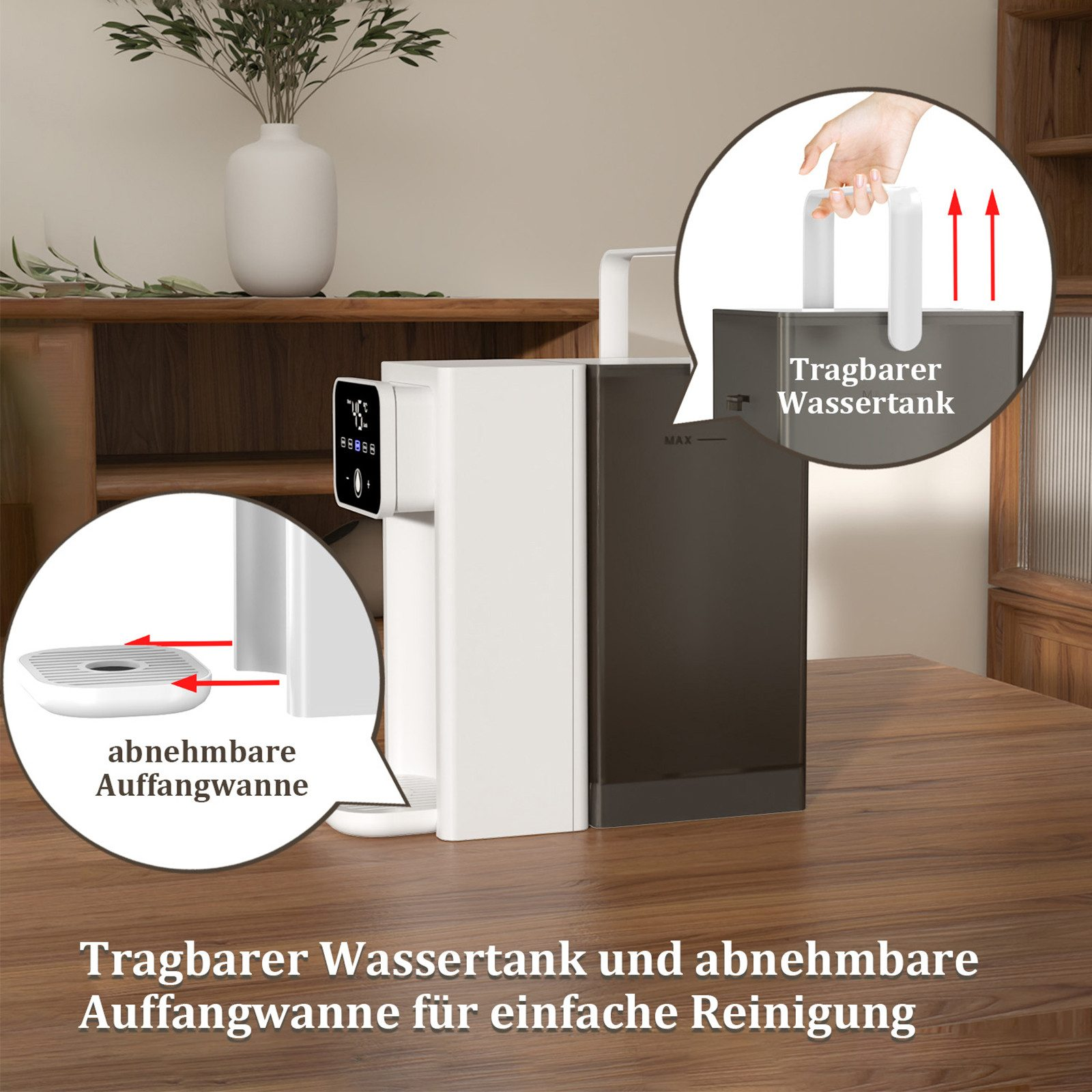 Tragbarer Wassertank und abnehmbare Auffangwanne für einfache Reinigung.