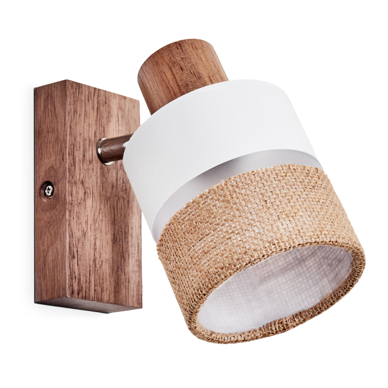 Holz-Wandleuchte mit weißem und Jute-Lampenschirm.