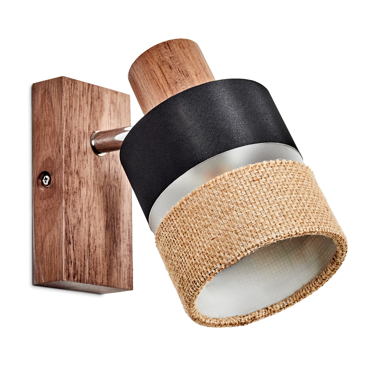 Eine Wandleuchte aus Holz mit schwarzem, silbernem und Jute-Lampenschirm.