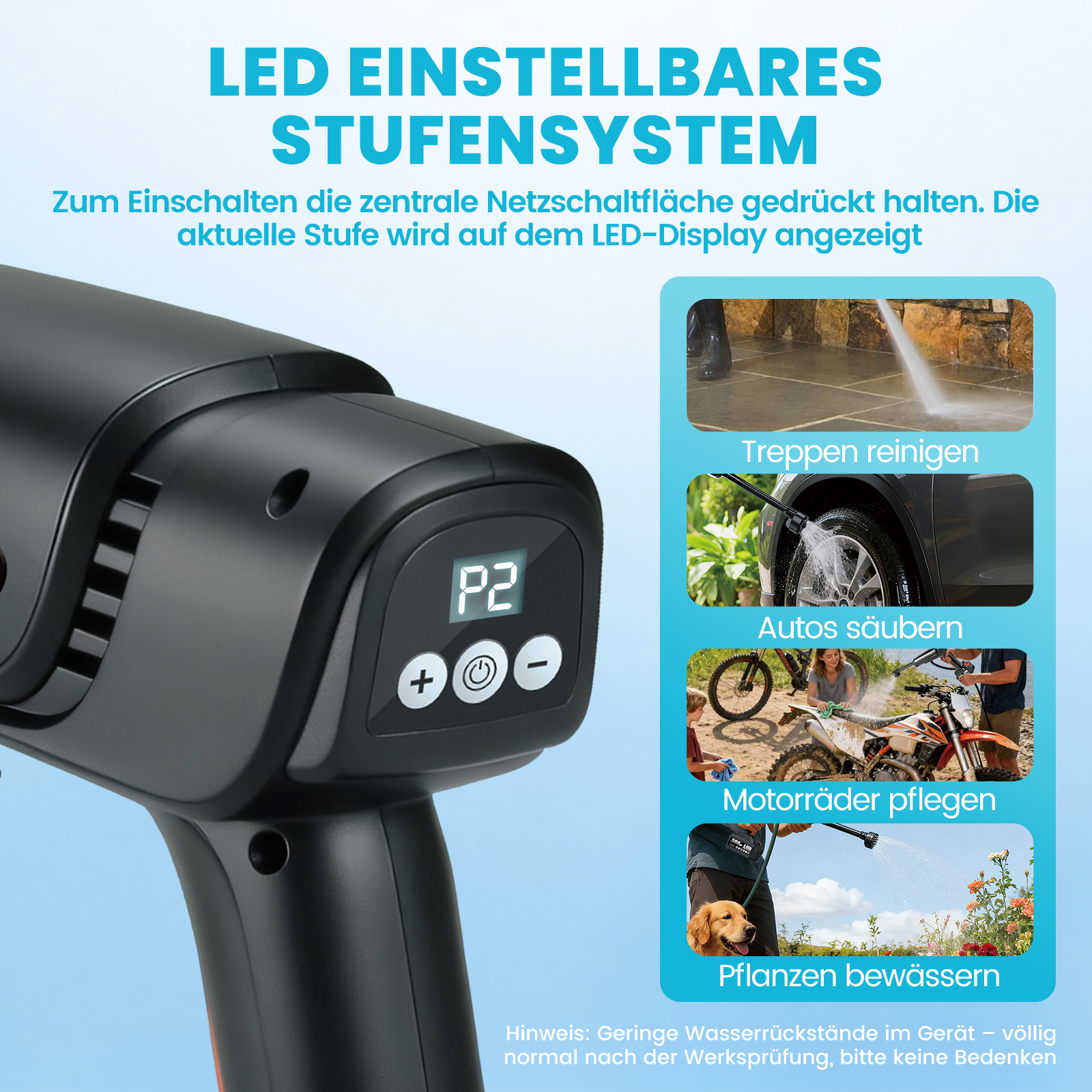 Schwarzer Hochdruckreiniger mit LED-Display "P2", zeigt Reinigungsszenen.