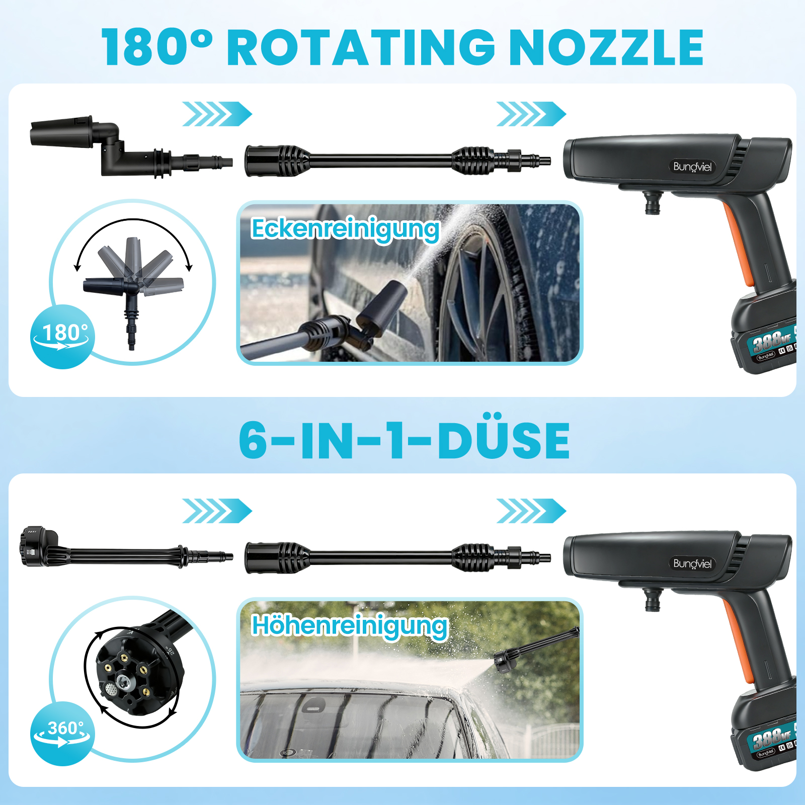 Hochdruckreiniger mit rotierender Düse zum Reinigen von Rädern und 6-in-1-Düse für Autos.