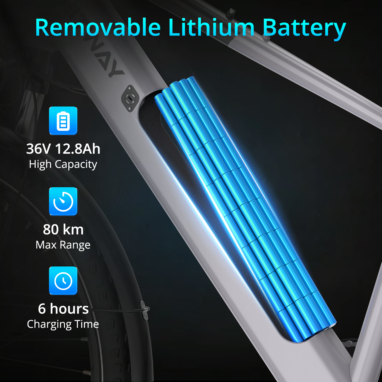 Batteria al litio rimovibile: 36V, 12,8Ah, 80km autonomia, 6h carica.